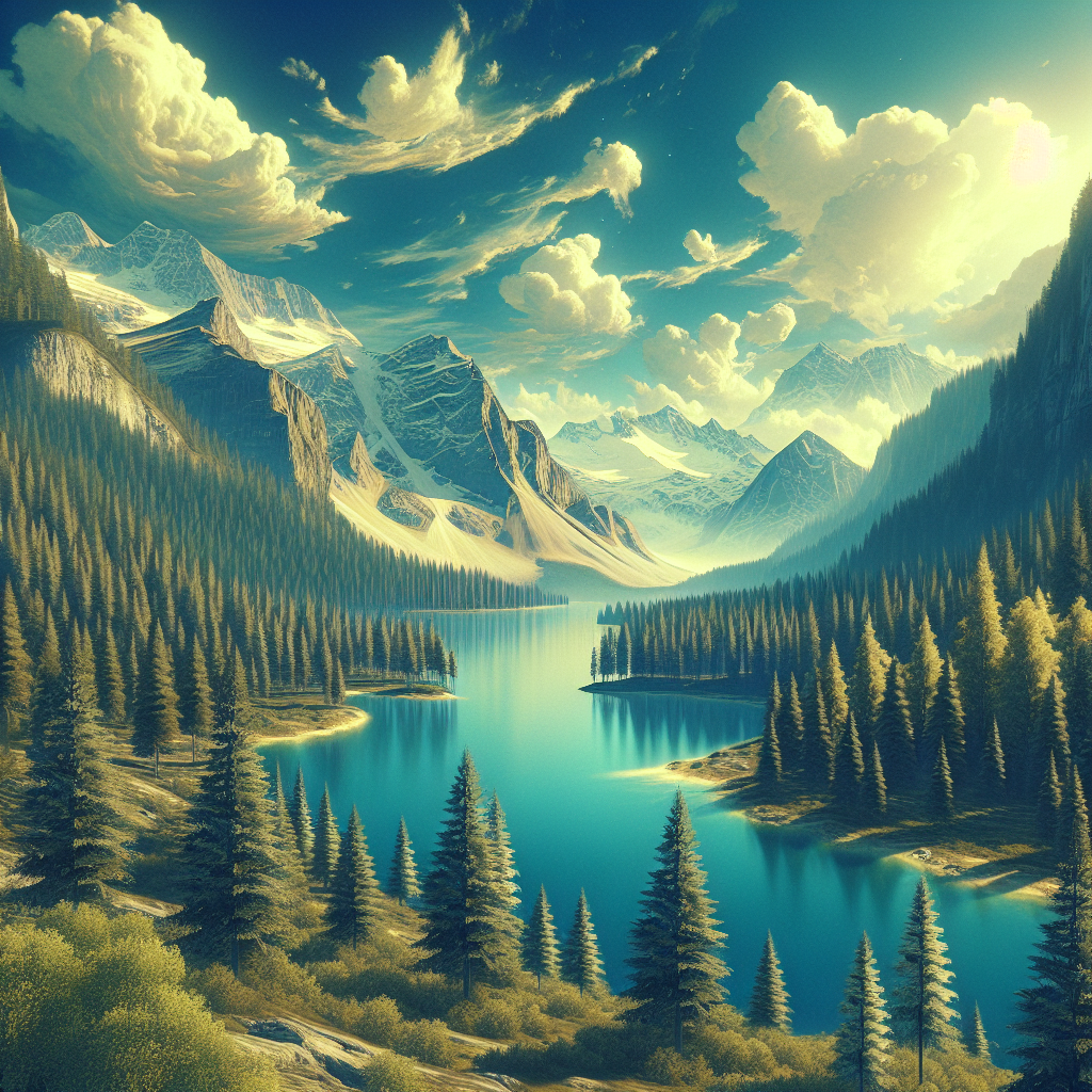 A breathtaking landscape from a popular video game featuring mountains and forests.