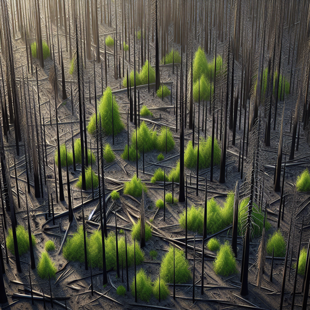 A forest recovering after a fire, with new growth visible.