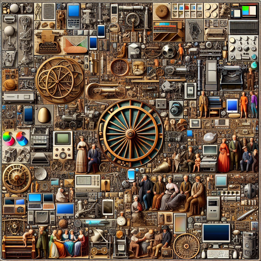 A collage of historical inventions and modern technology.