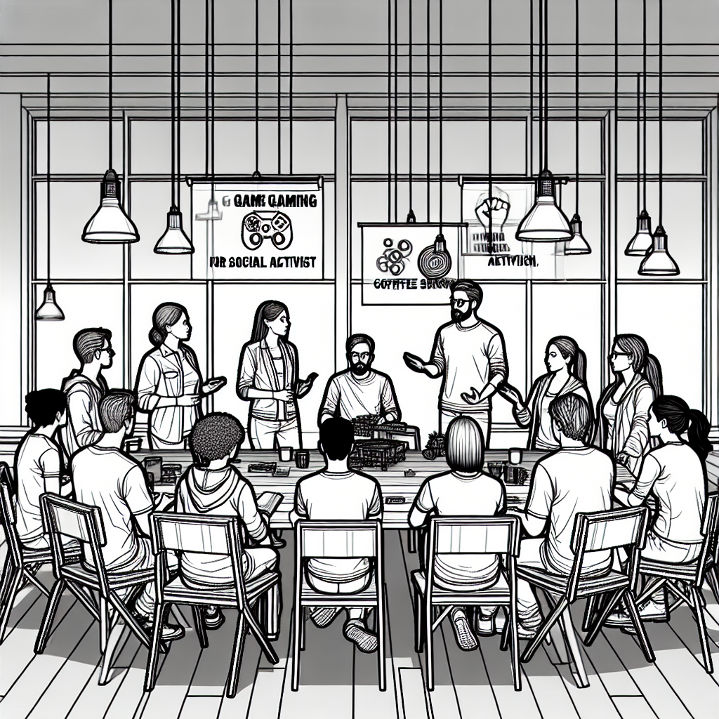 A group of people discussing gaming and activism.