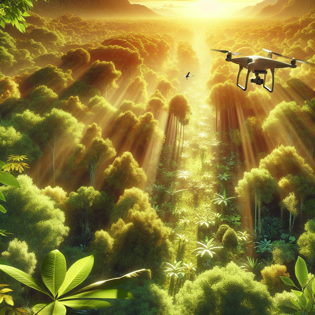 A drone surveying a lush forest for wildlife conservation.