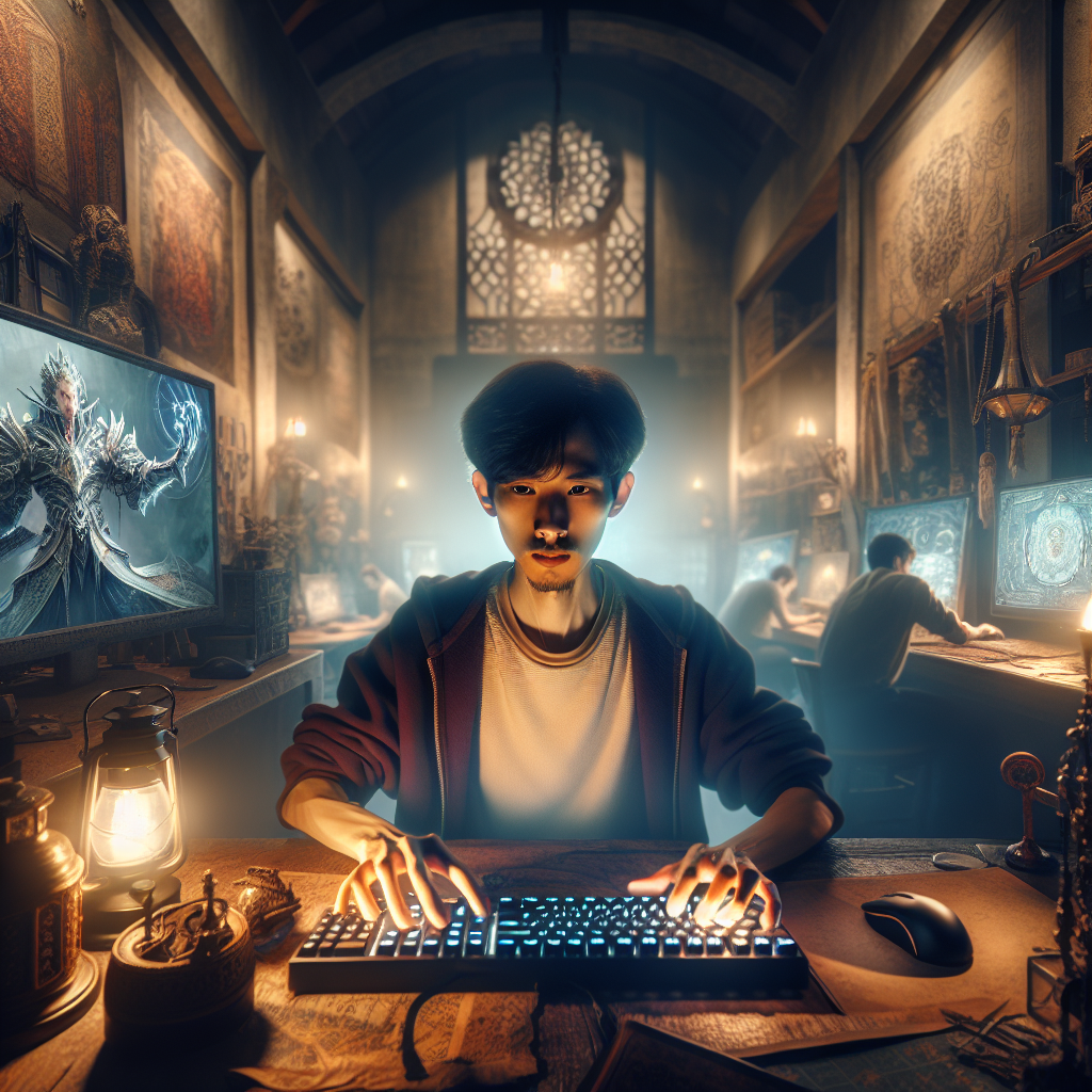 A scene depicting a player immersed in a fantasy video game, illustrating the impact of video games on reality perception.