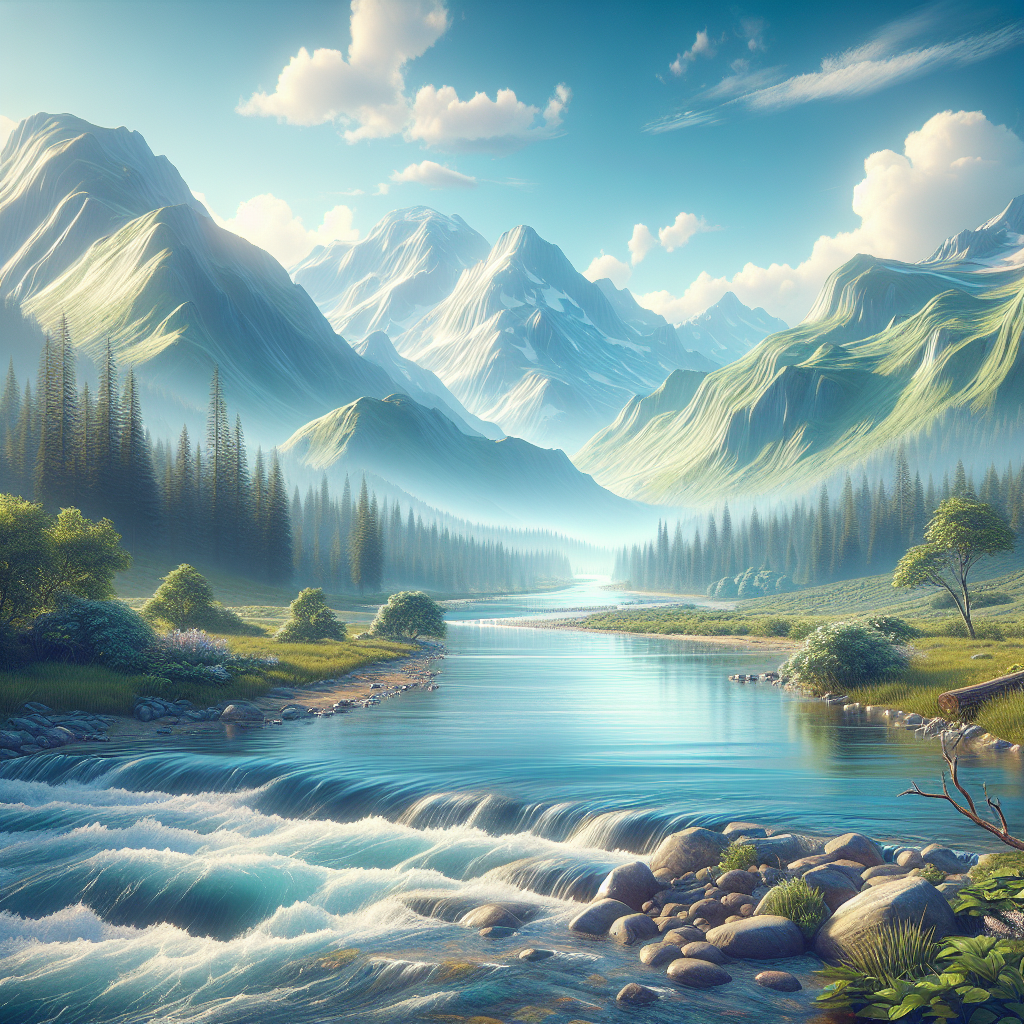 A serene landscape from a nature-inspired game, showcasing mountains and a river.