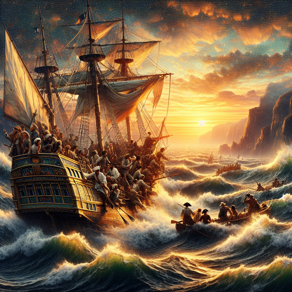 A depiction of explorers during the Age of Exploration, sailing on a ship.