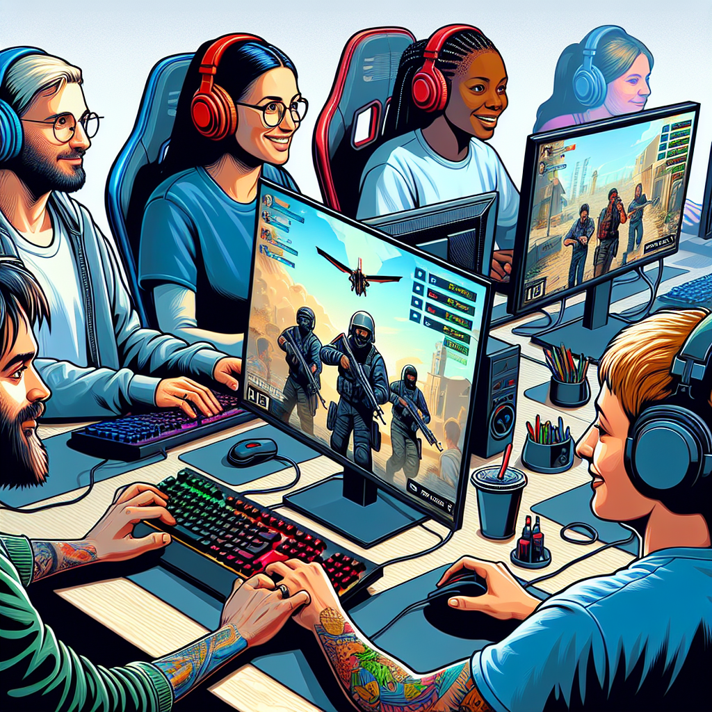A diverse group of gamers interacting in an online multiplayer environment.