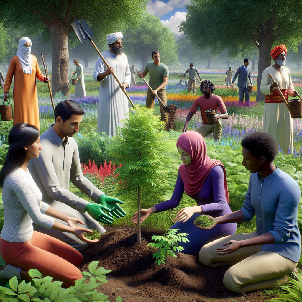 An engaging scene from a game showing players planting trees in a virtual environment.