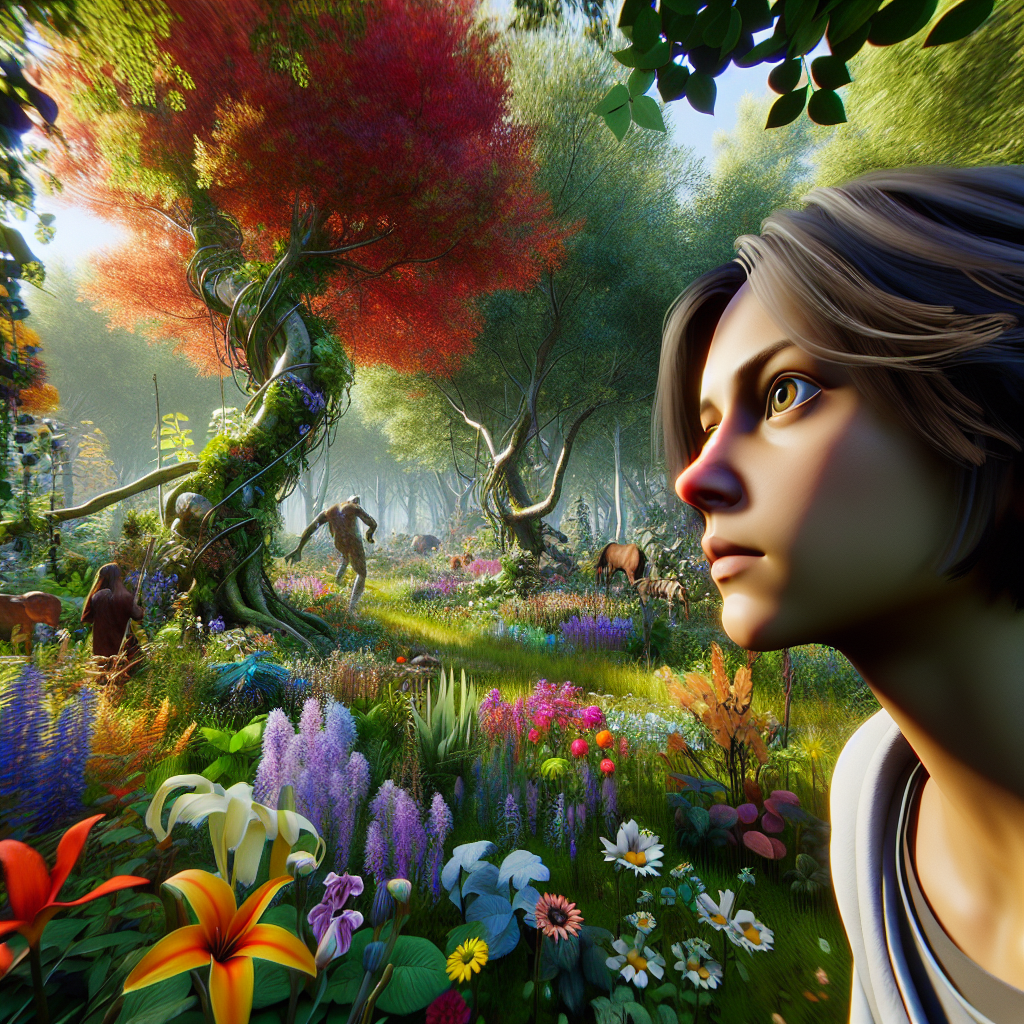 A game character exploring a vibrant forest filled with diverse flora.