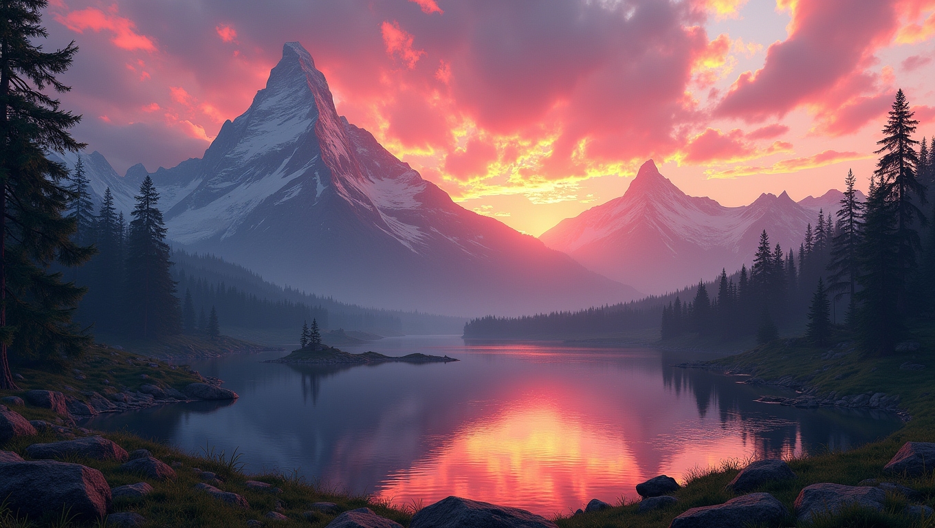 A serene mountain landscape at sunset, showcasing nature's beauty.
