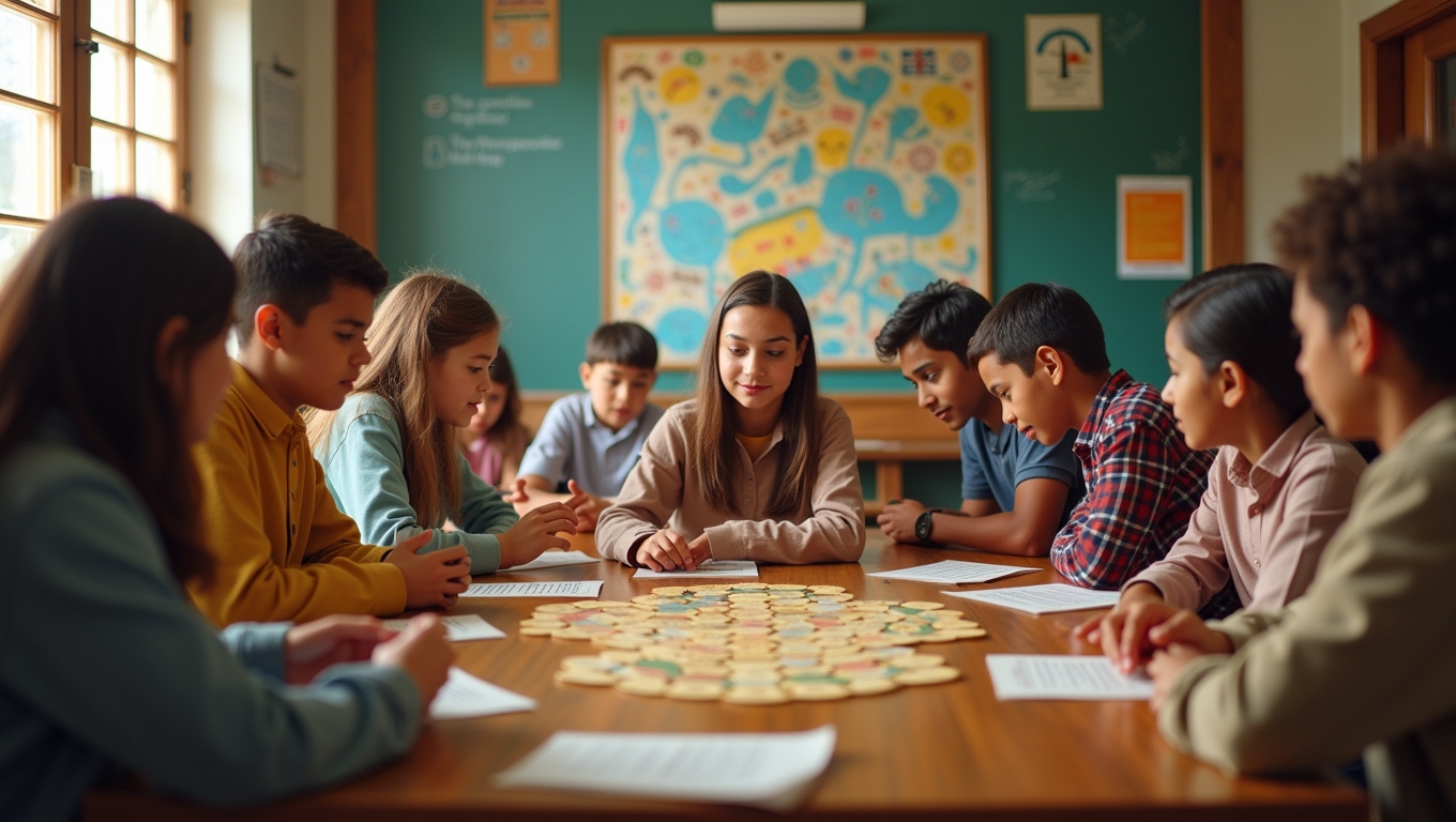 Students engaged in a historical game in a classroom setting