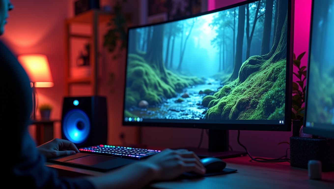 A close-up of a gaming setup with nature-themed sound visuals on the screen.
