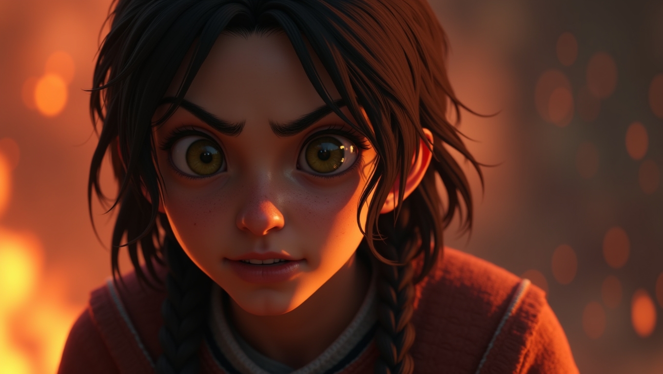 A character from a narrative-driven game expressing emotion.