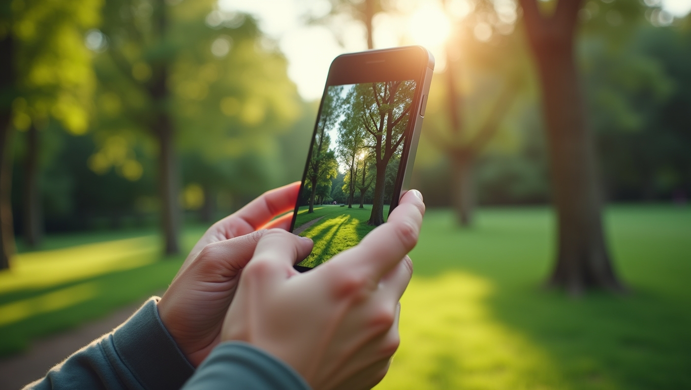 A close-up view of a player using a smartphone in an outdoor nature game.