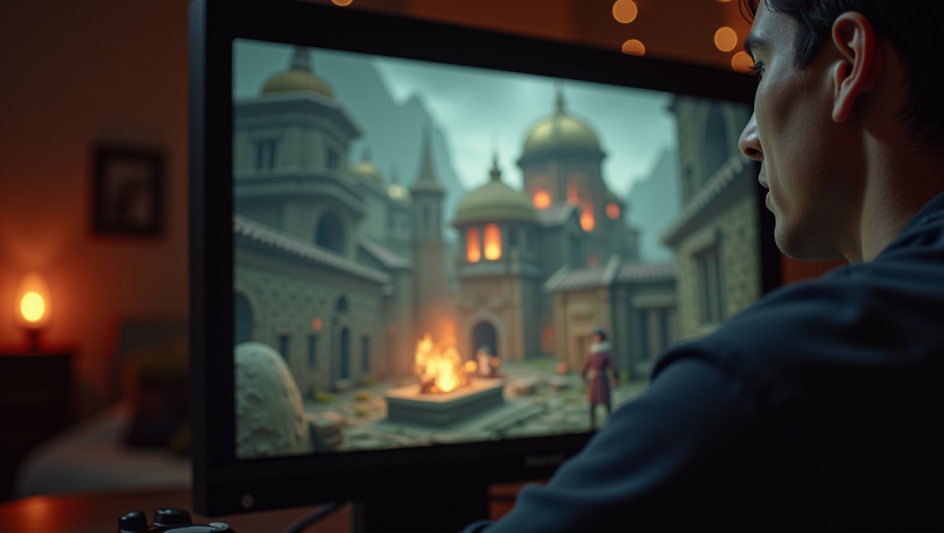 A player engaging with a historical video game.