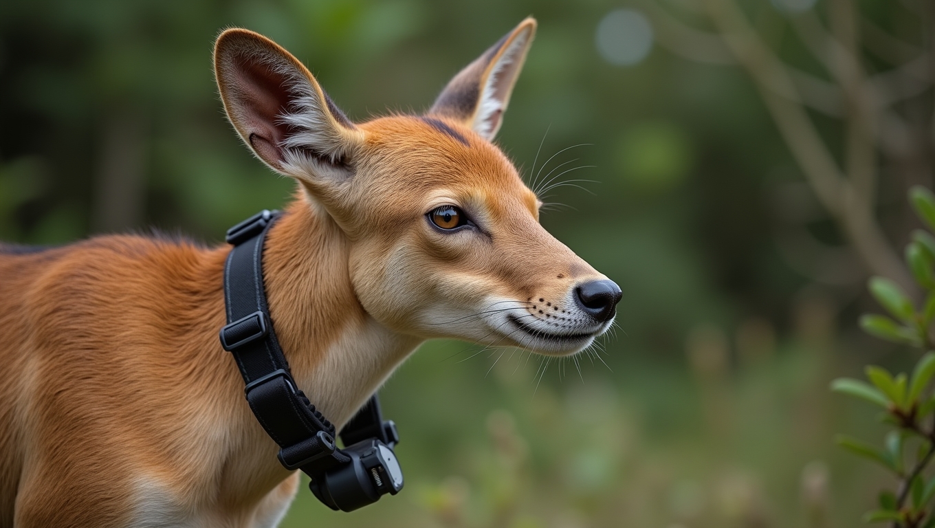 A close-up of a GPS collar on a wild animal.