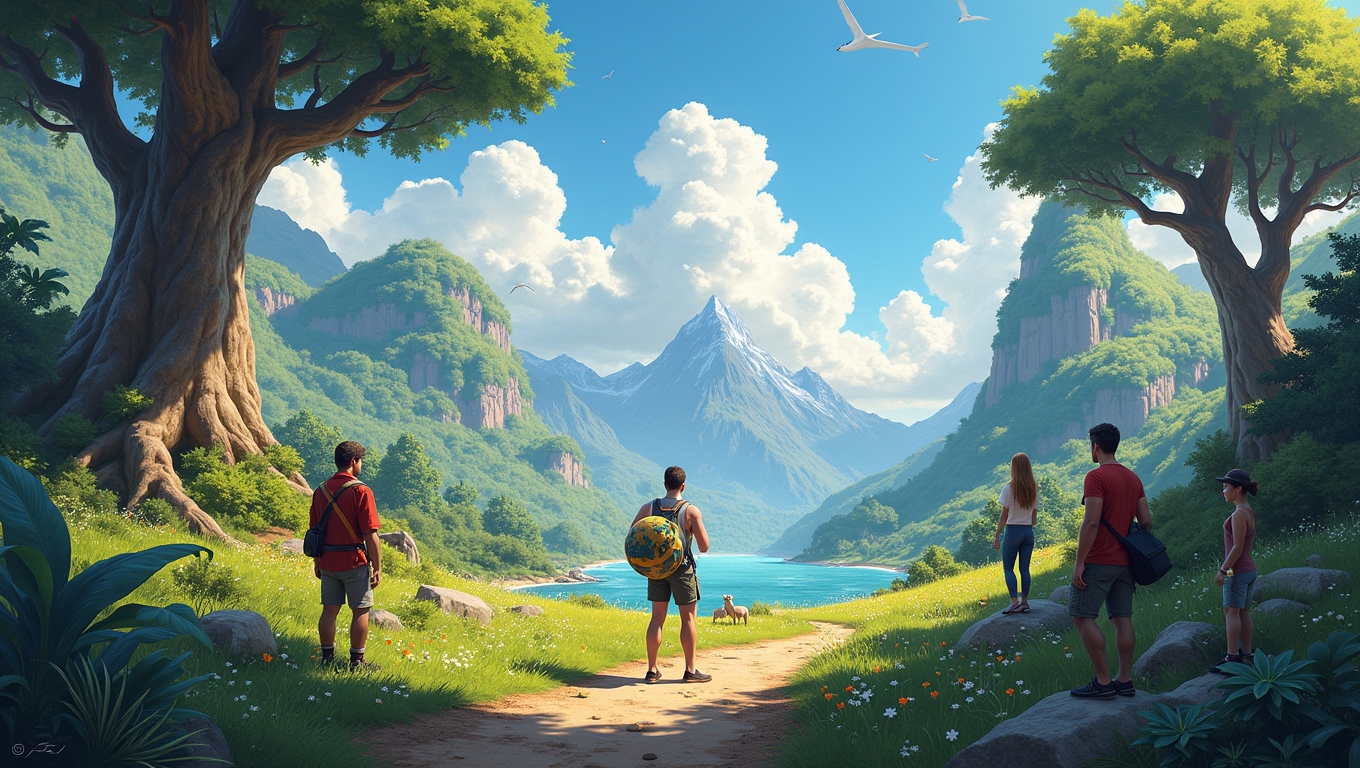 A vibrant illustration of a gaming scene with environmental themes.