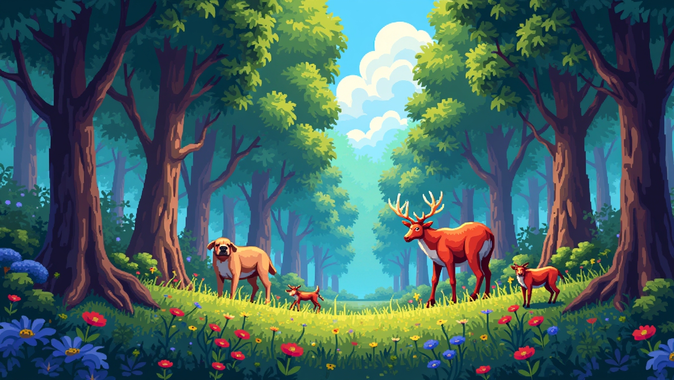 A vibrant forest landscape with game elements.