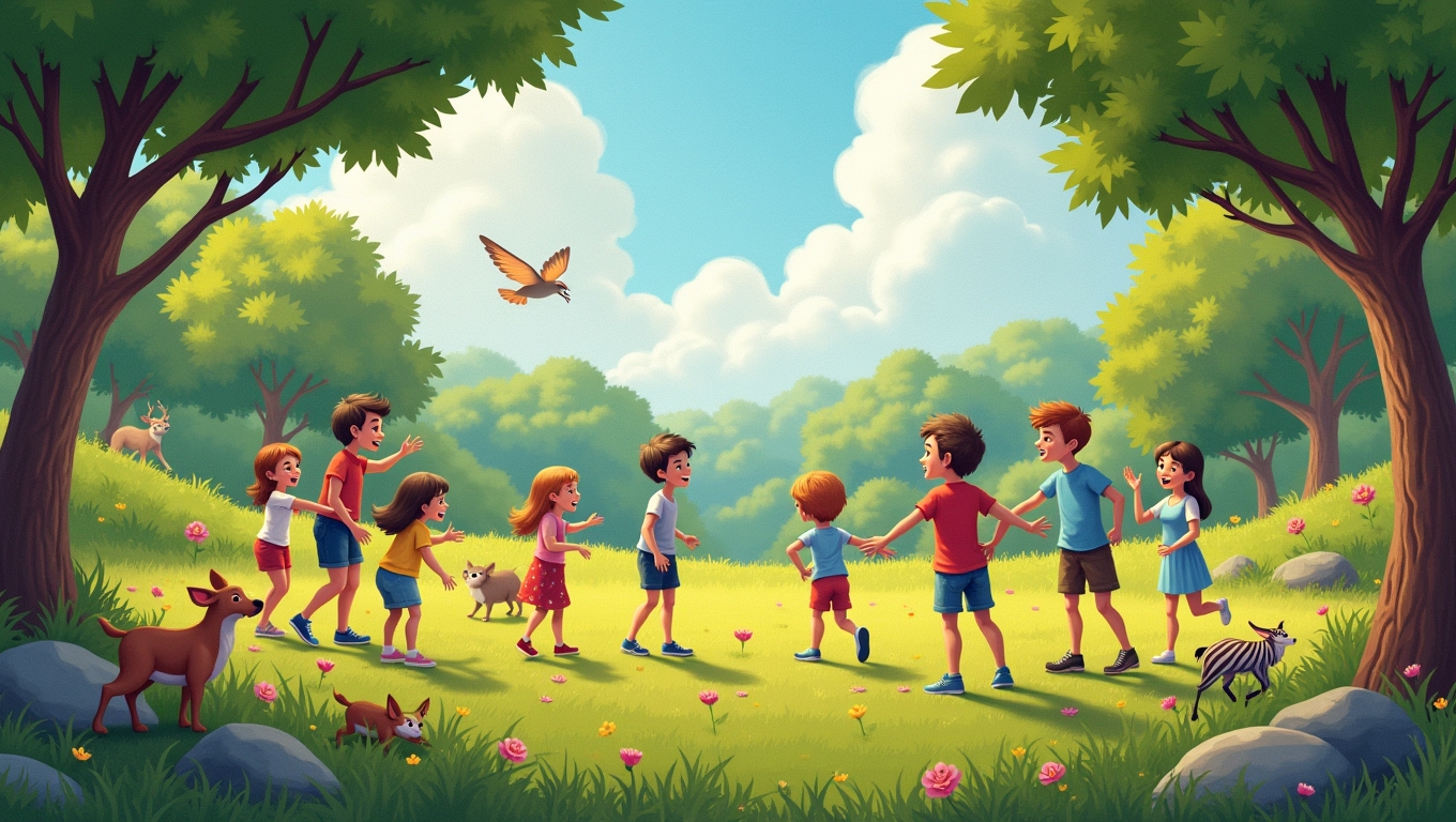 A vibrant landscape showcasing various nature games being played outdoors.