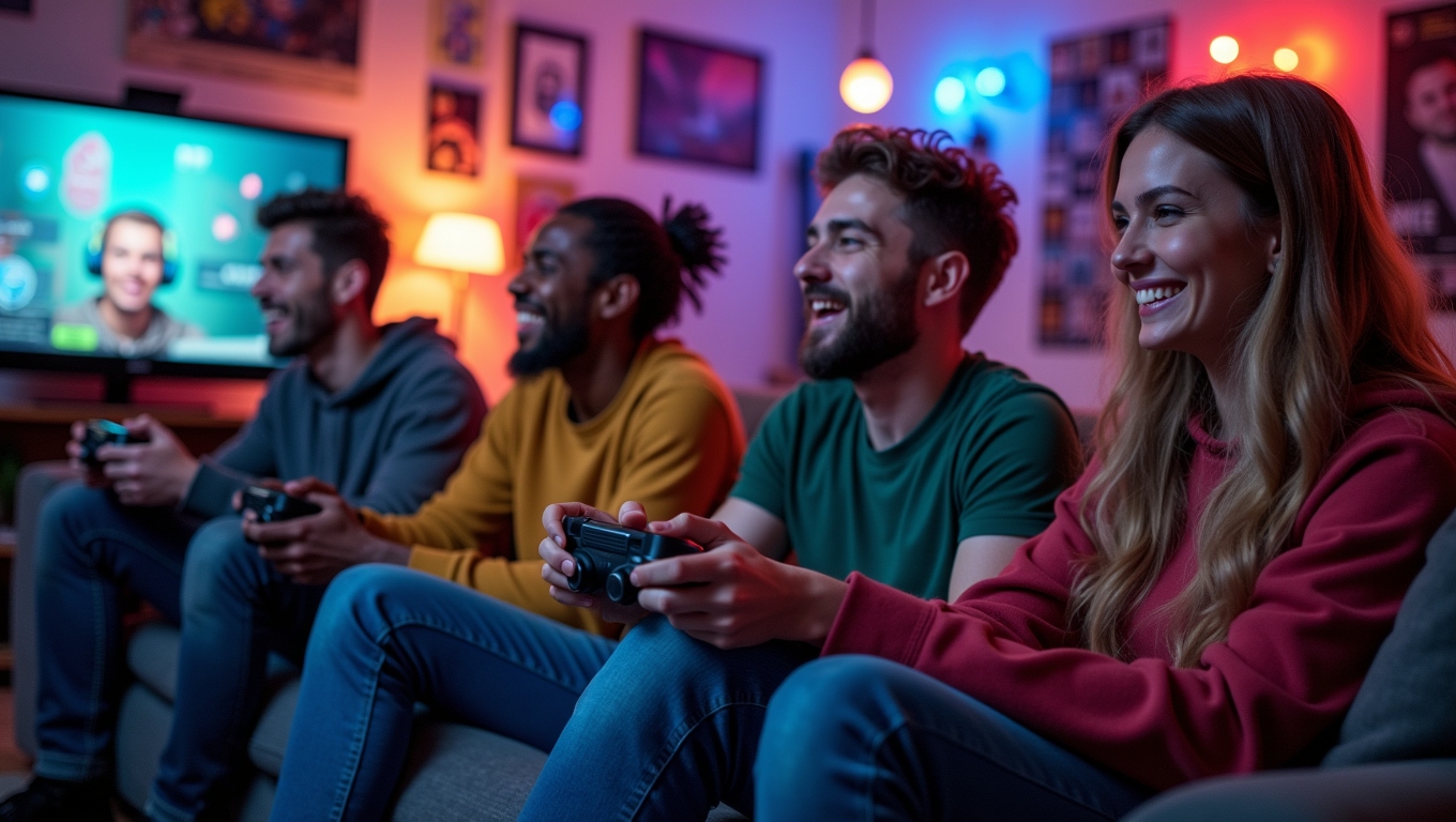 A diverse group of gamers enjoying multiplayer video games together.
