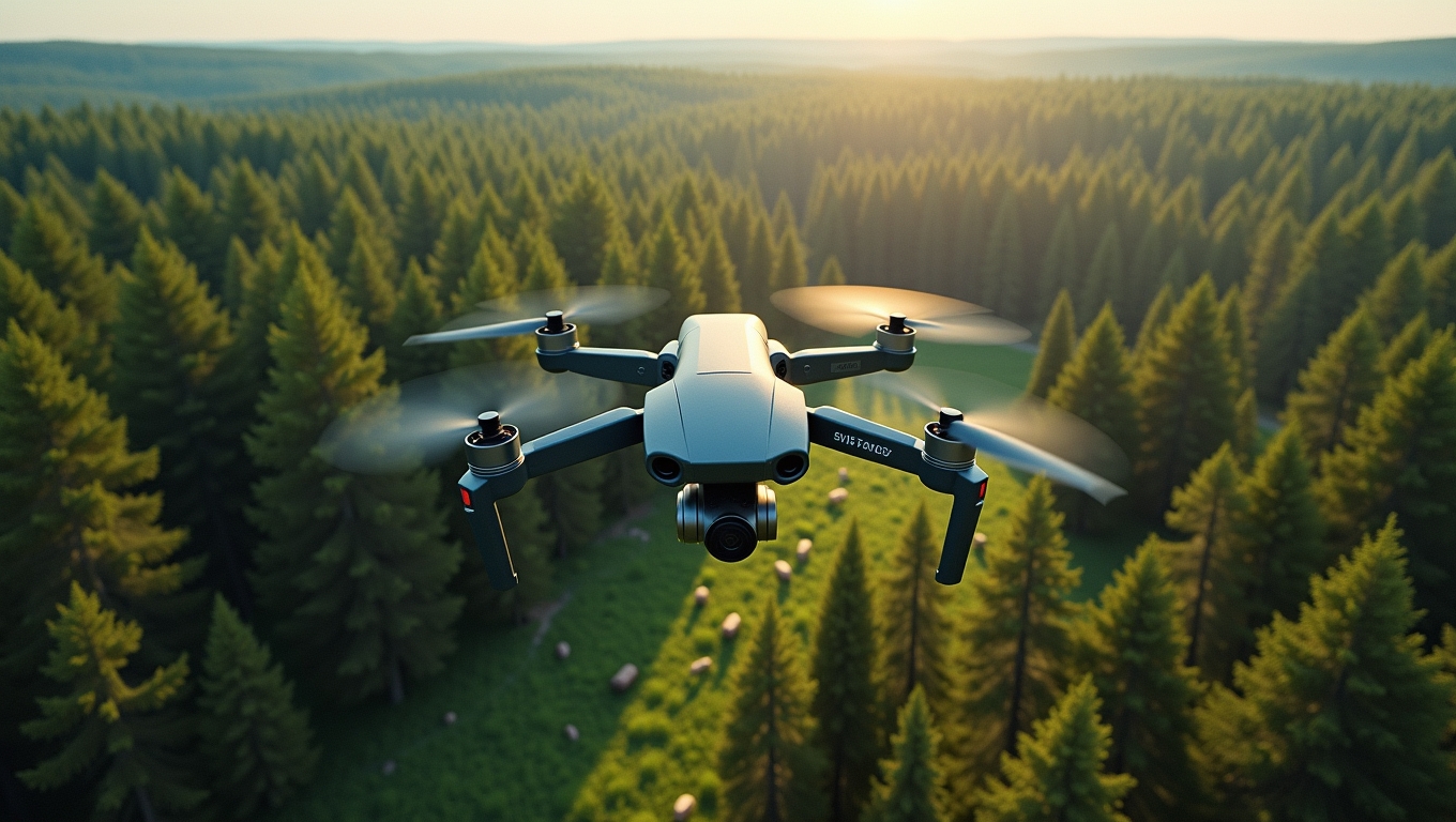 A drone surveying a lush forest landscape.