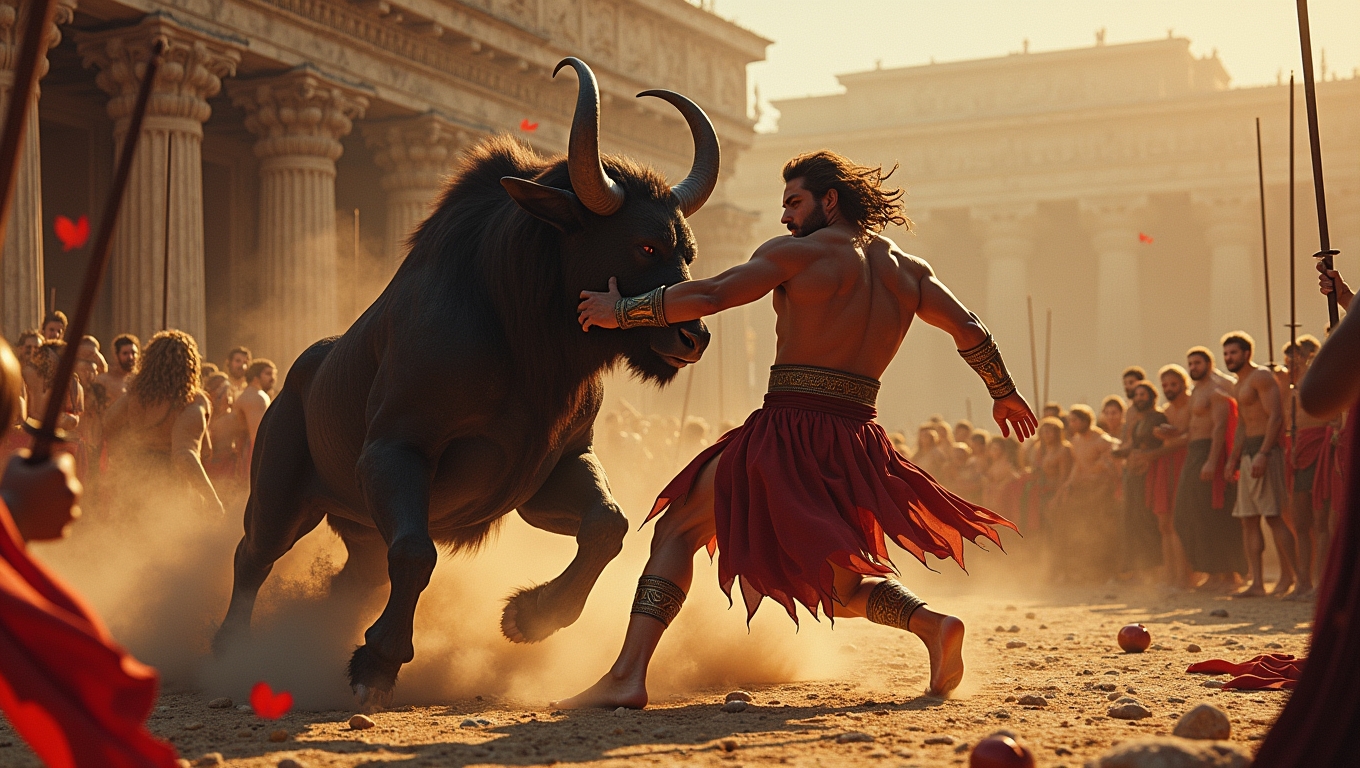 A digital artwork of a hero battling a mythical creature in an ancient setting.