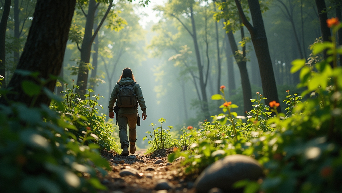 A game character interacting with a natural environment.