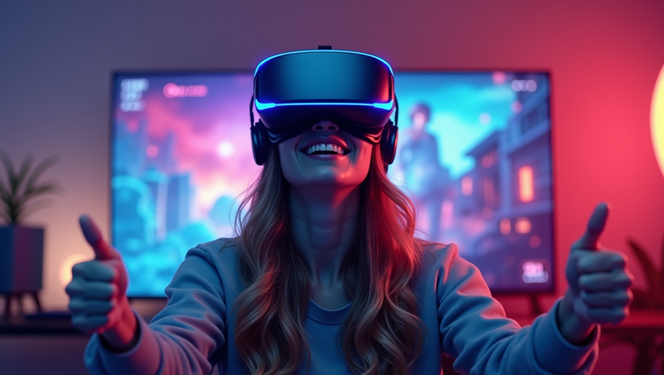 A gamer using a VR headset immersed in a game.