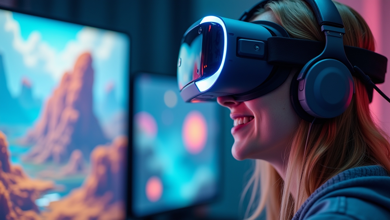 A gamer wearing a VR headset, immersed in a virtual world.