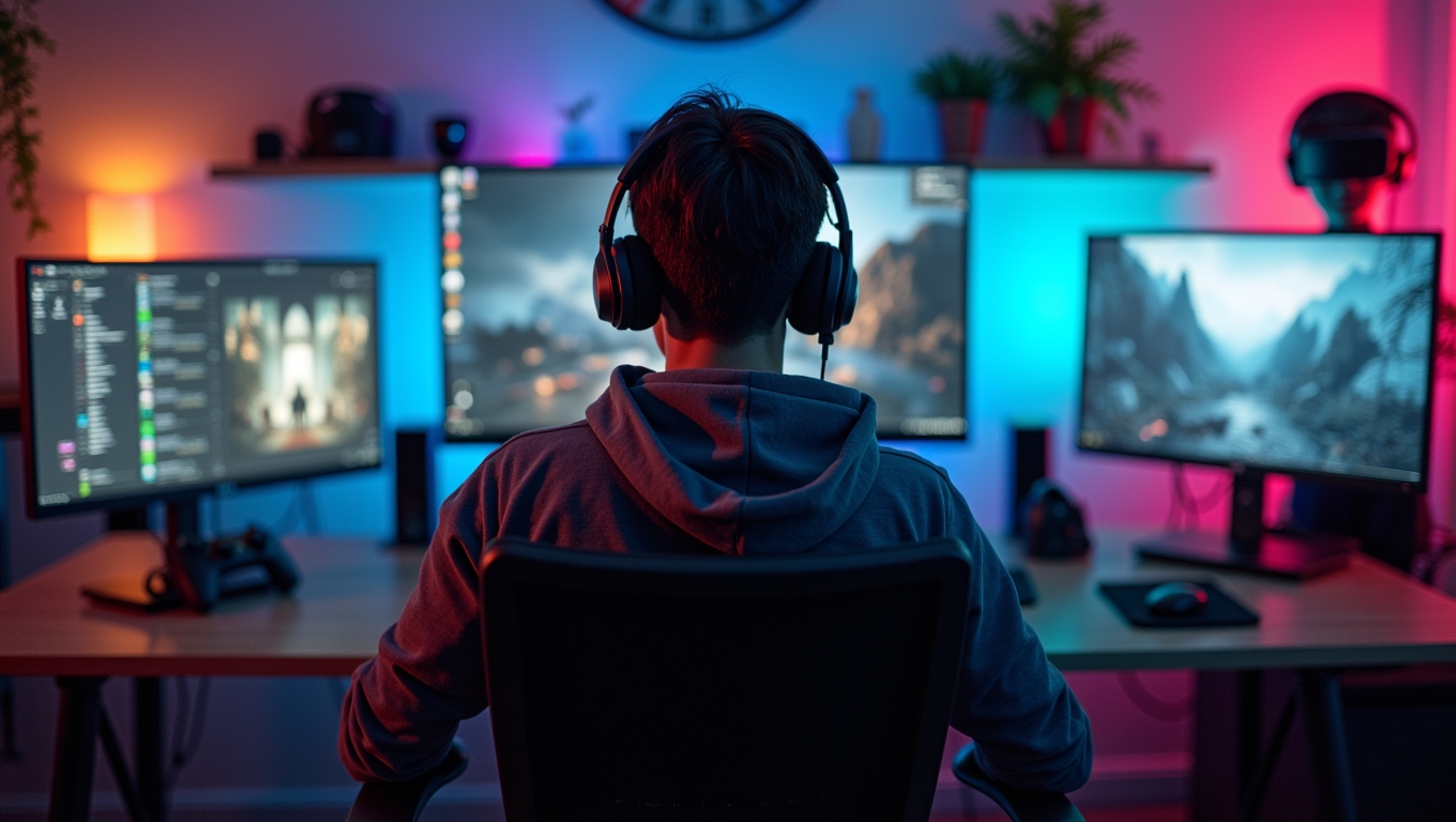A gamer surrounded by advanced tech gadgets enhancing their gaming experience.