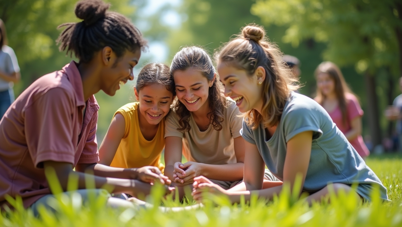 A group of friends participating in an eco-friendly nature game.