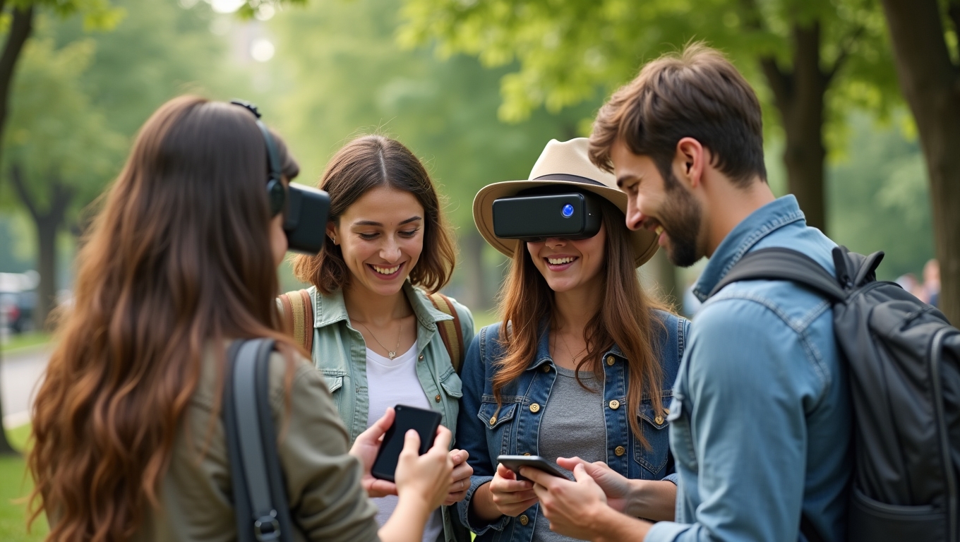 A group of players exploring nature in augmented reality.