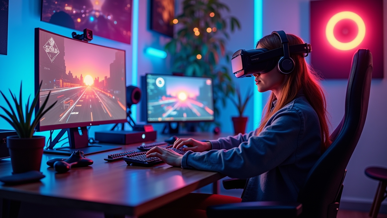 A futuristic gaming setup featuring VR headsets and immersive technology.