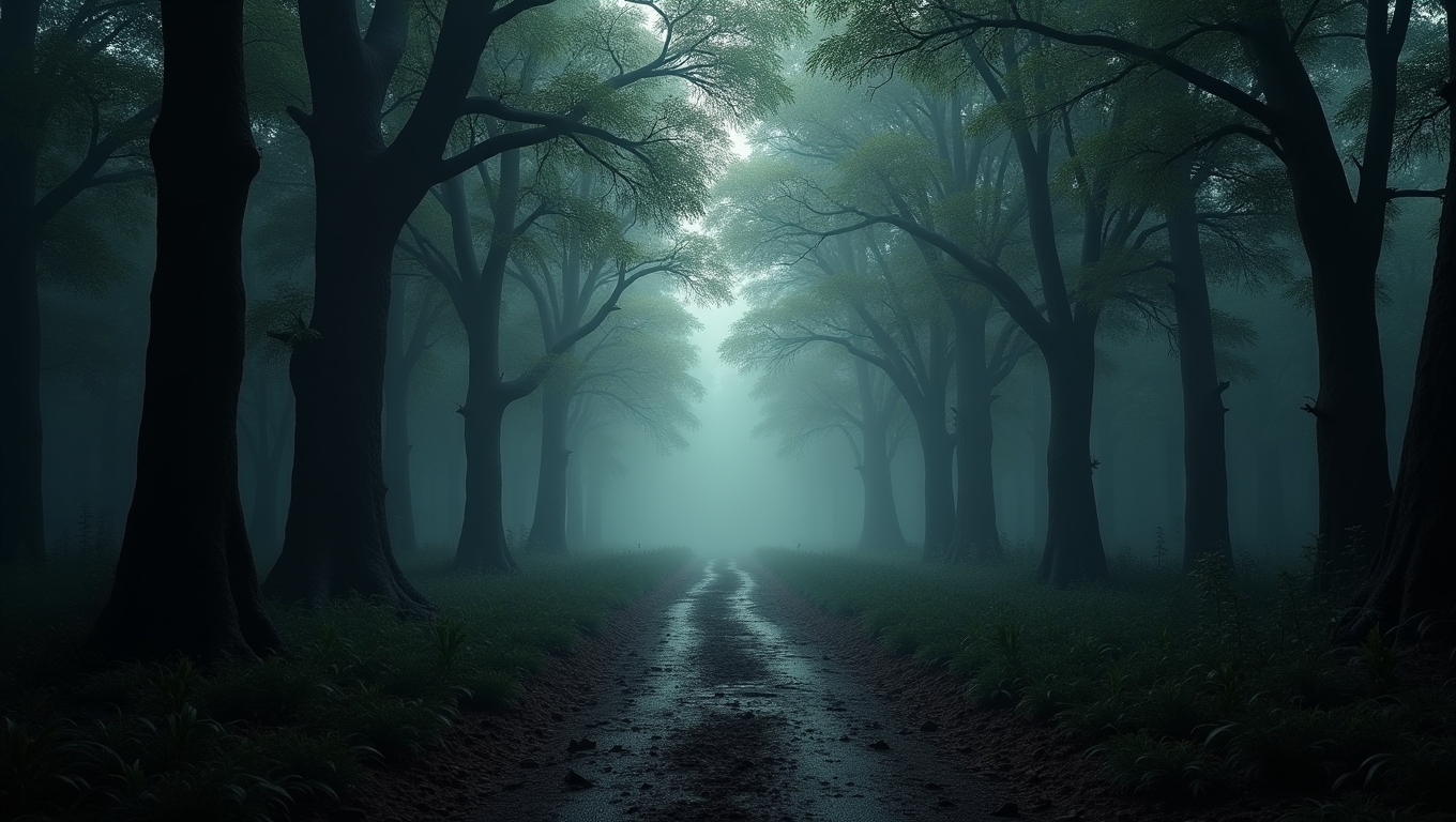 A dark forest path shrouded in mist, creating a sense of mystery.