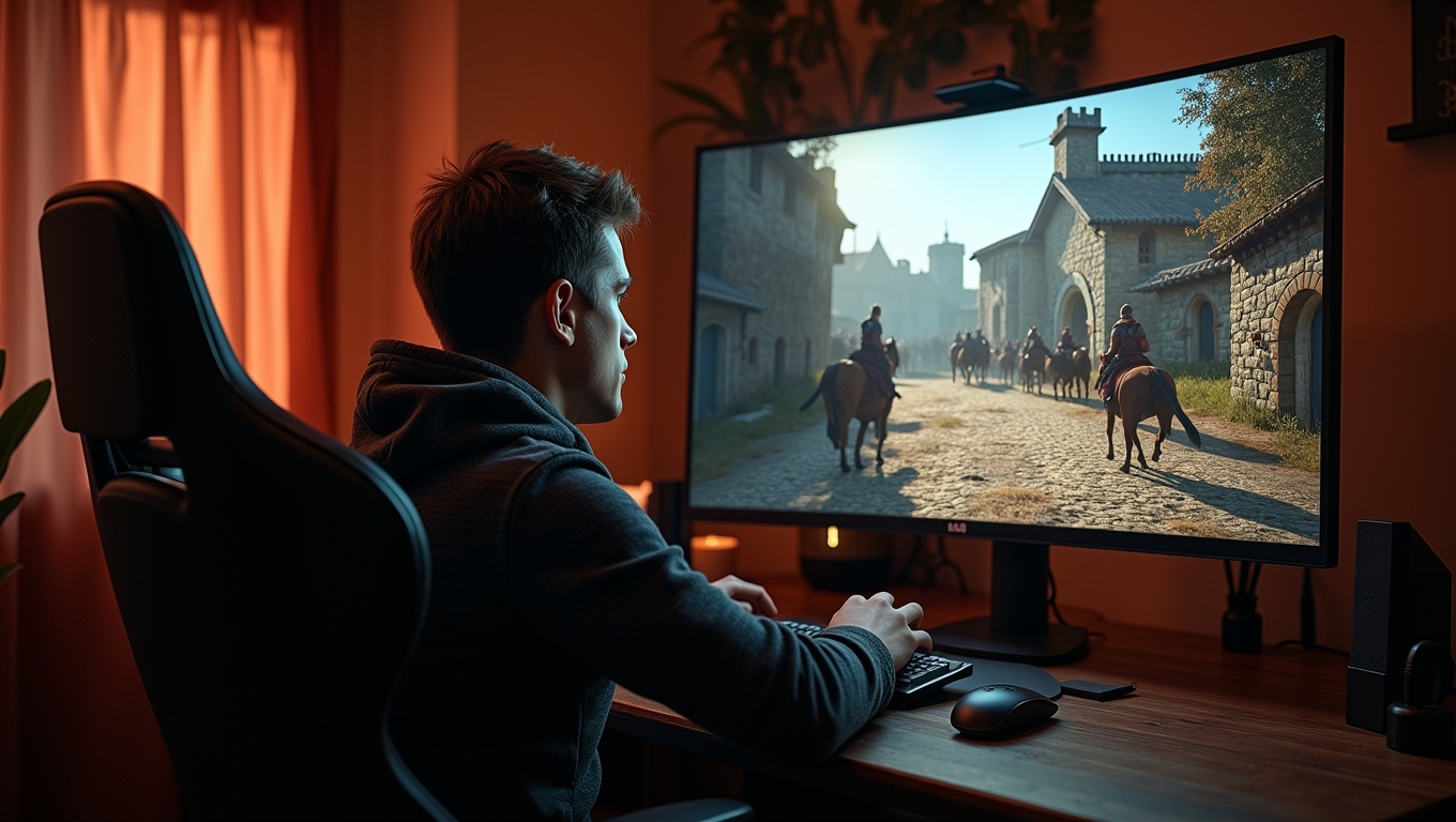 A player immersed in a historical video game environment