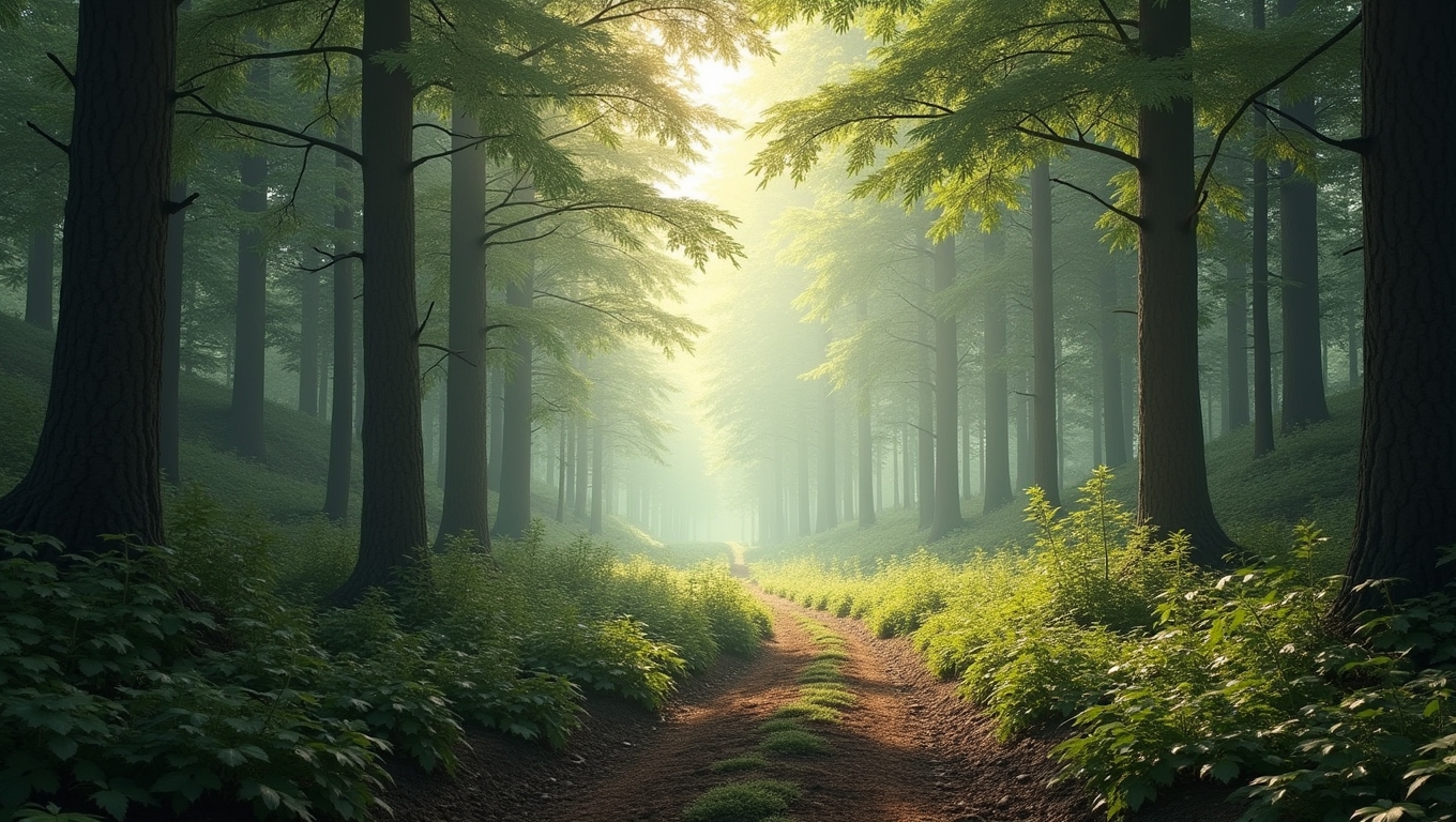 A serene forest landscape with soft sunlight filtering through the trees.