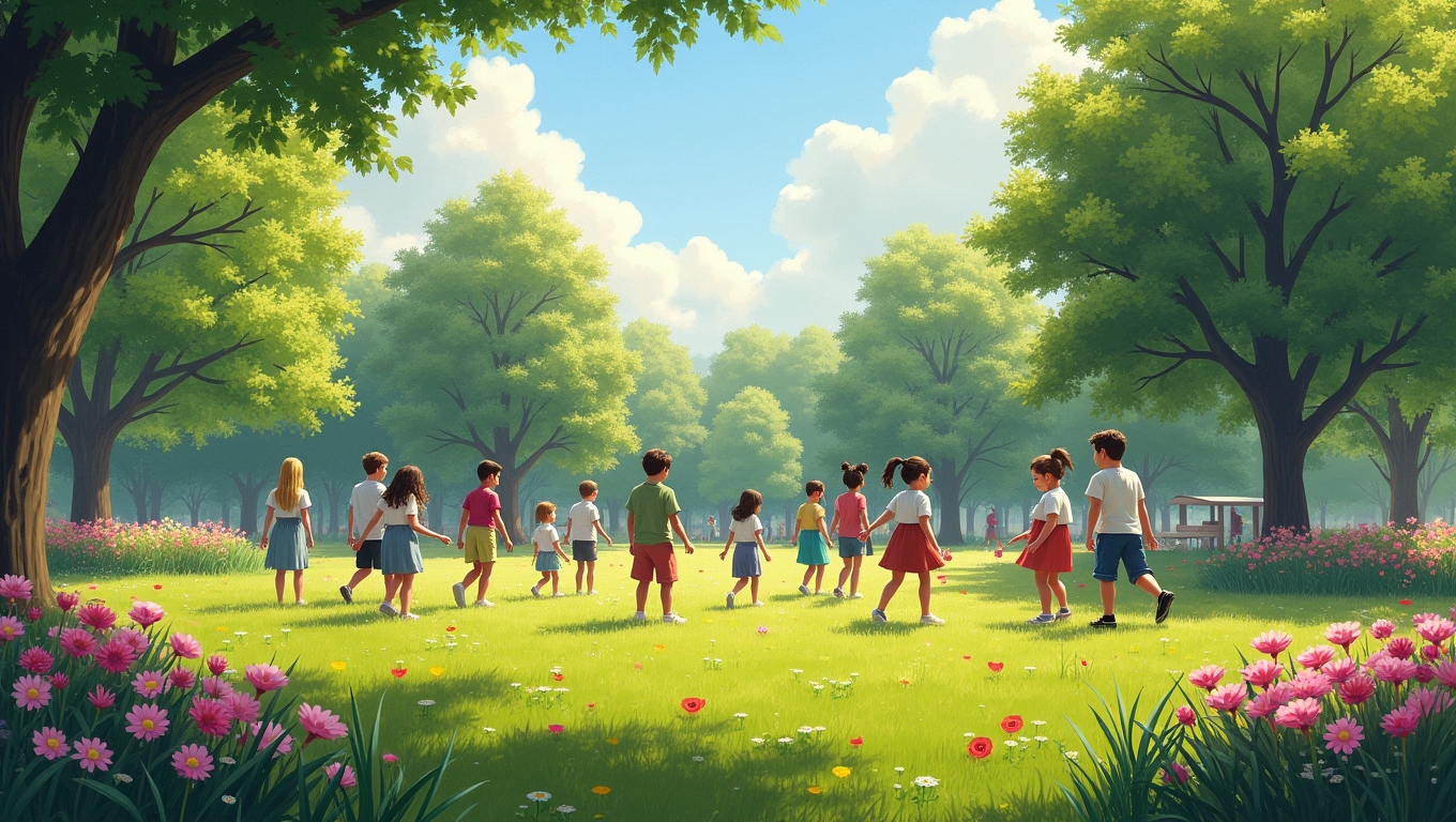 A serene landscape with people playing nature-themed games