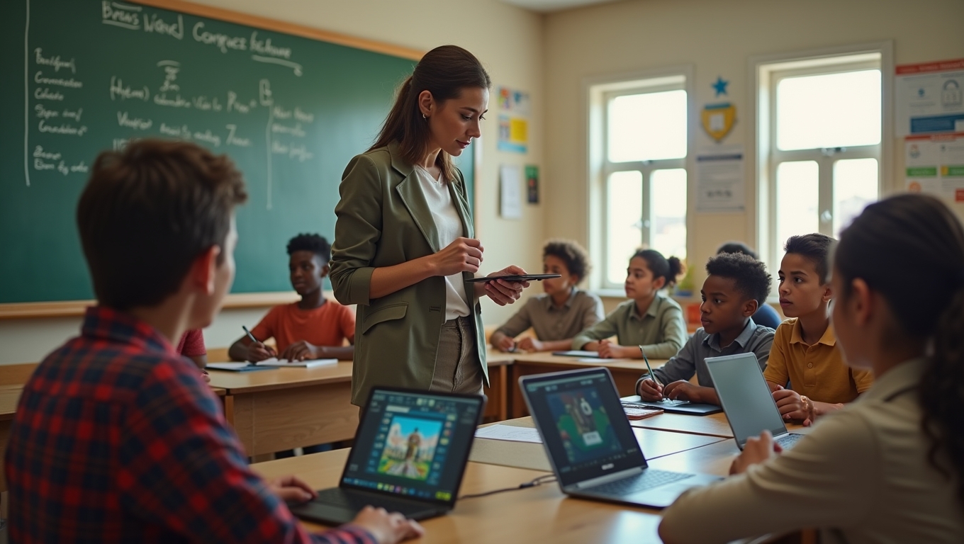 A teacher guiding students through a historical game