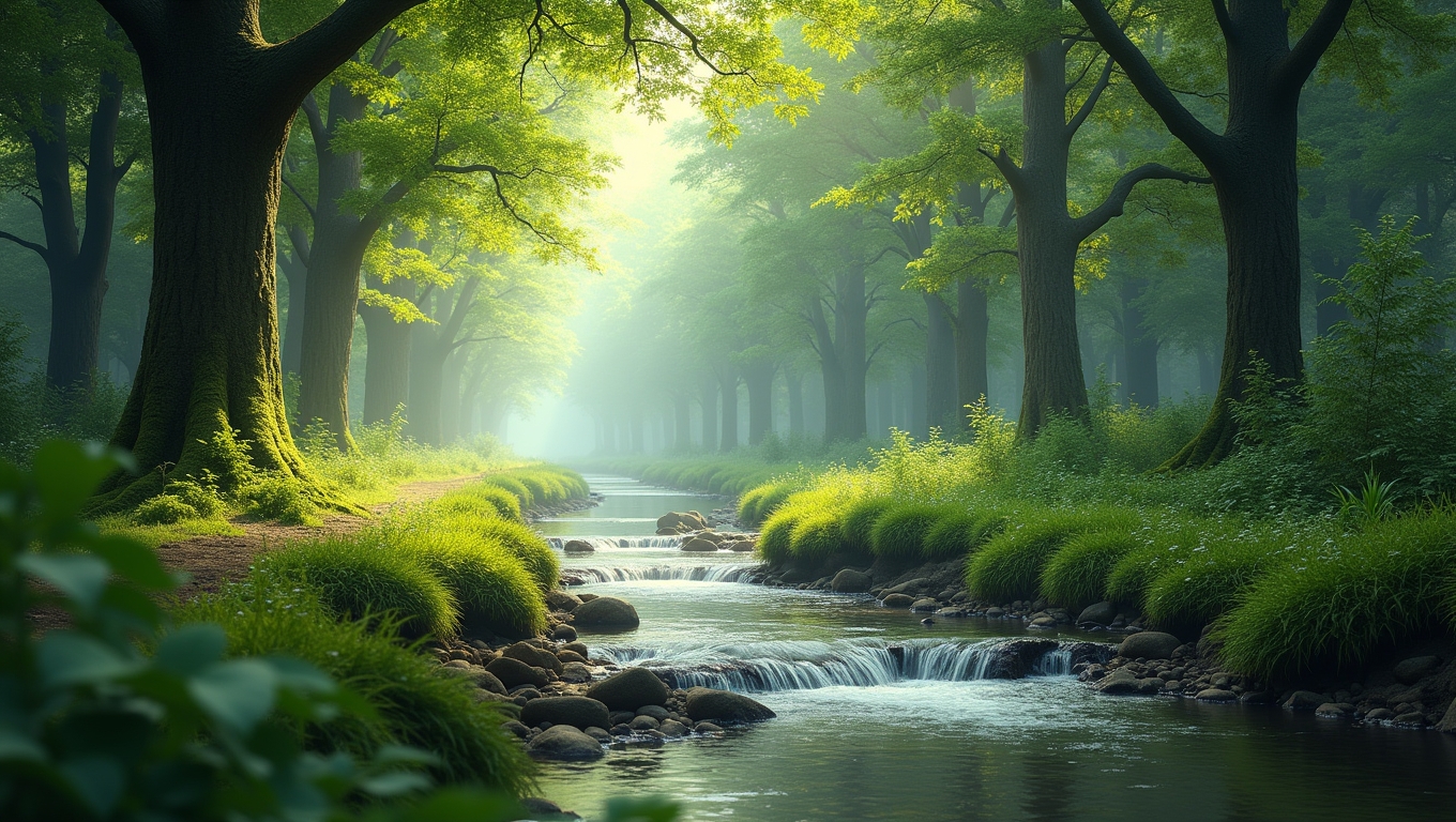 A tranquil scene of a forest with a flowing stream and birds chirping.