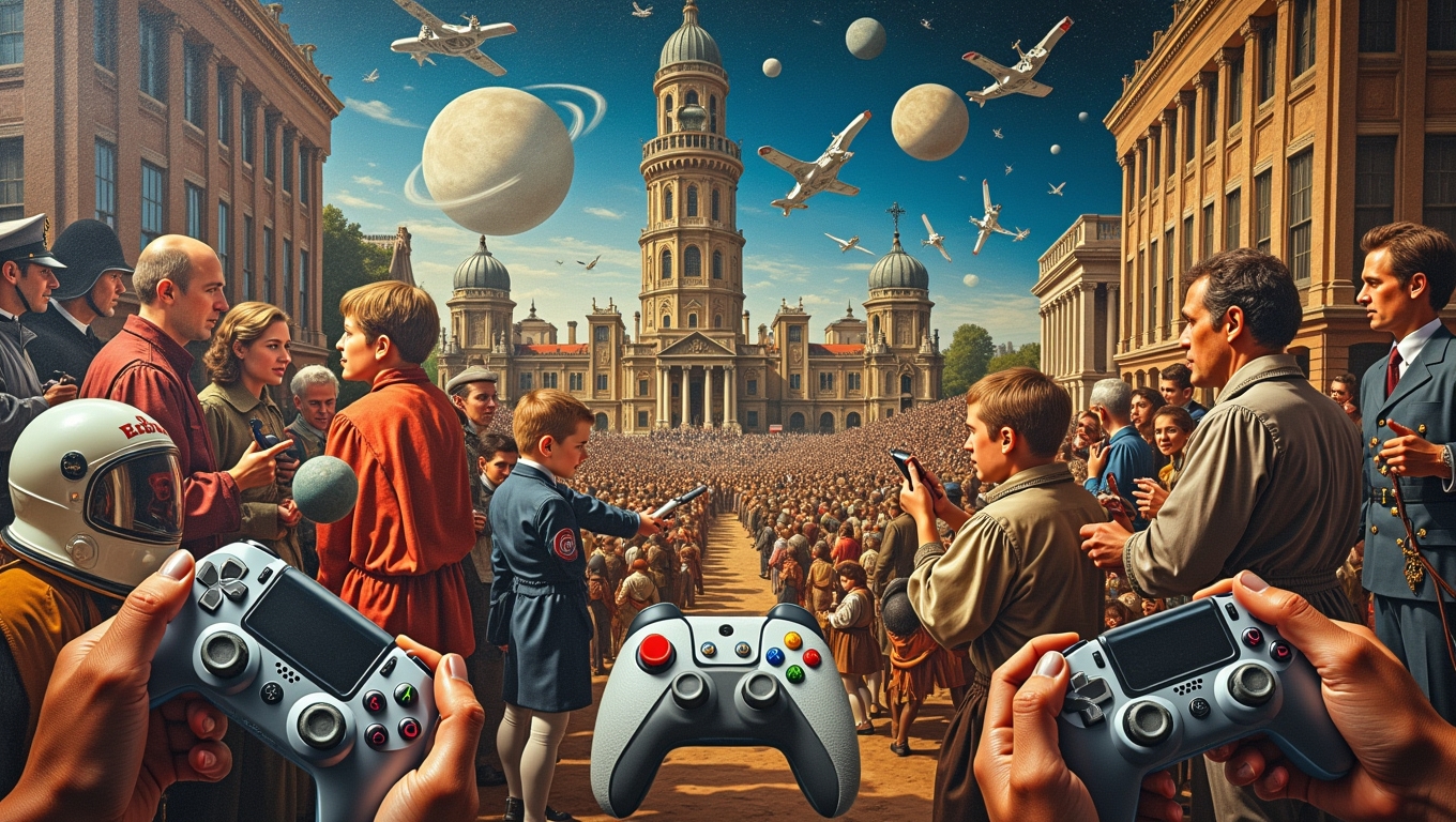 A creative collage representing various historical events and gaming elements.