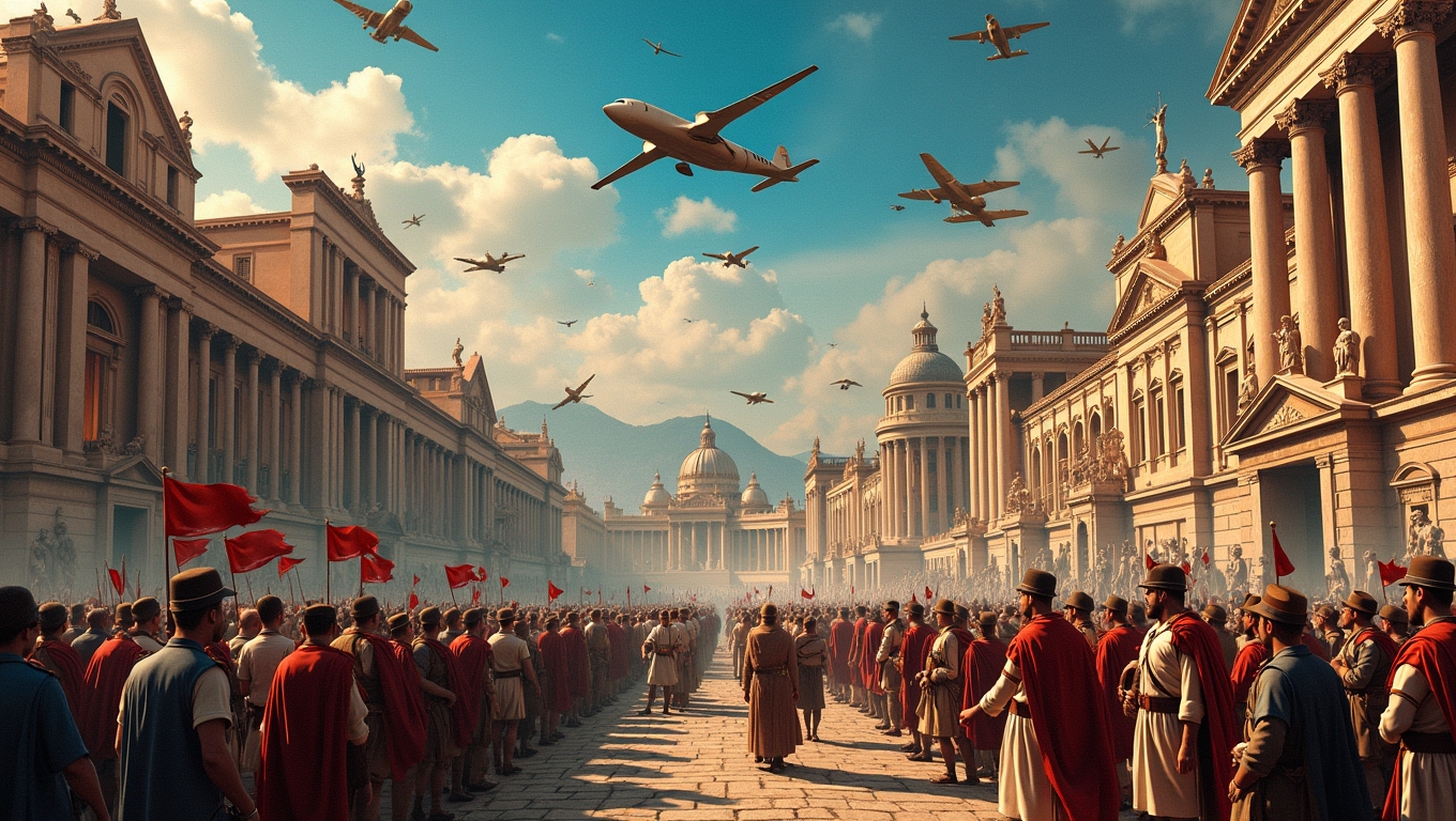 A collage of various historical events depicted in video game art.
