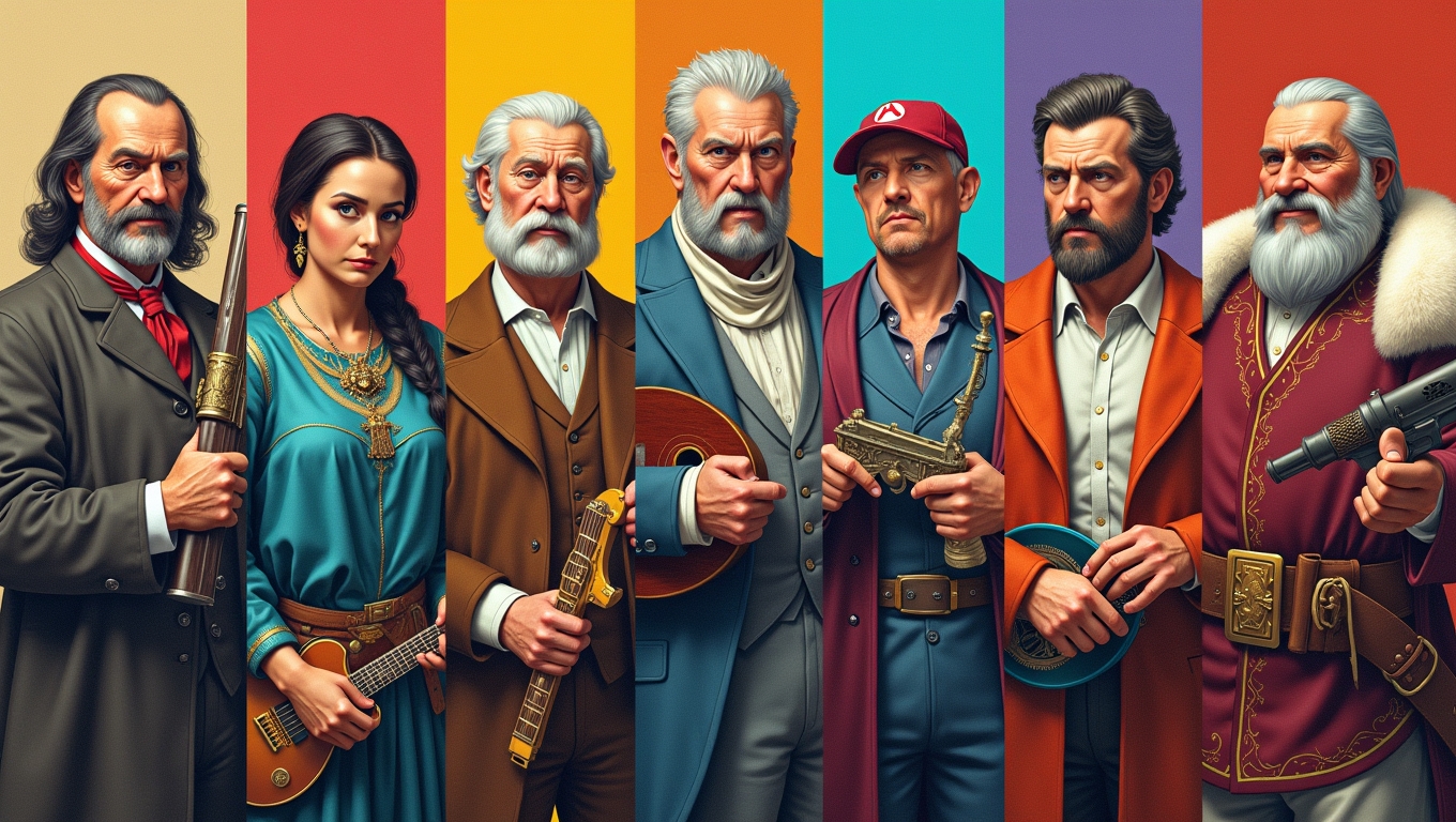 Collage of historical figures depicted as game characters