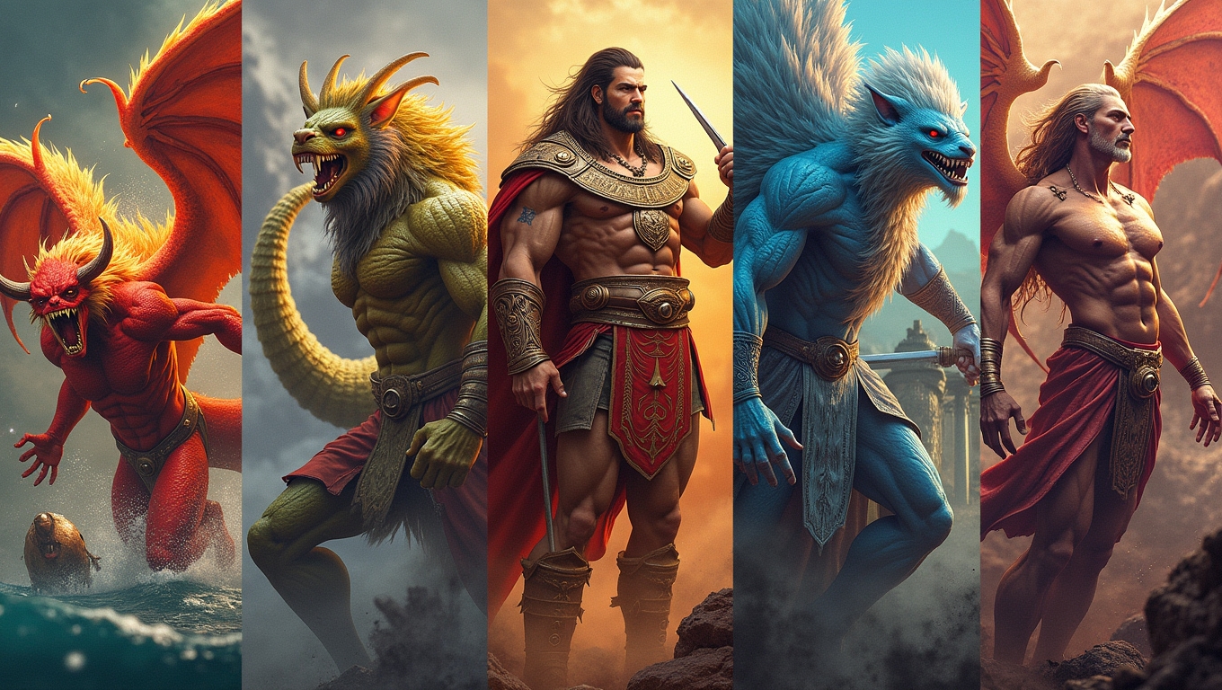 A collage of video game characters inspired by ancient mythologies.