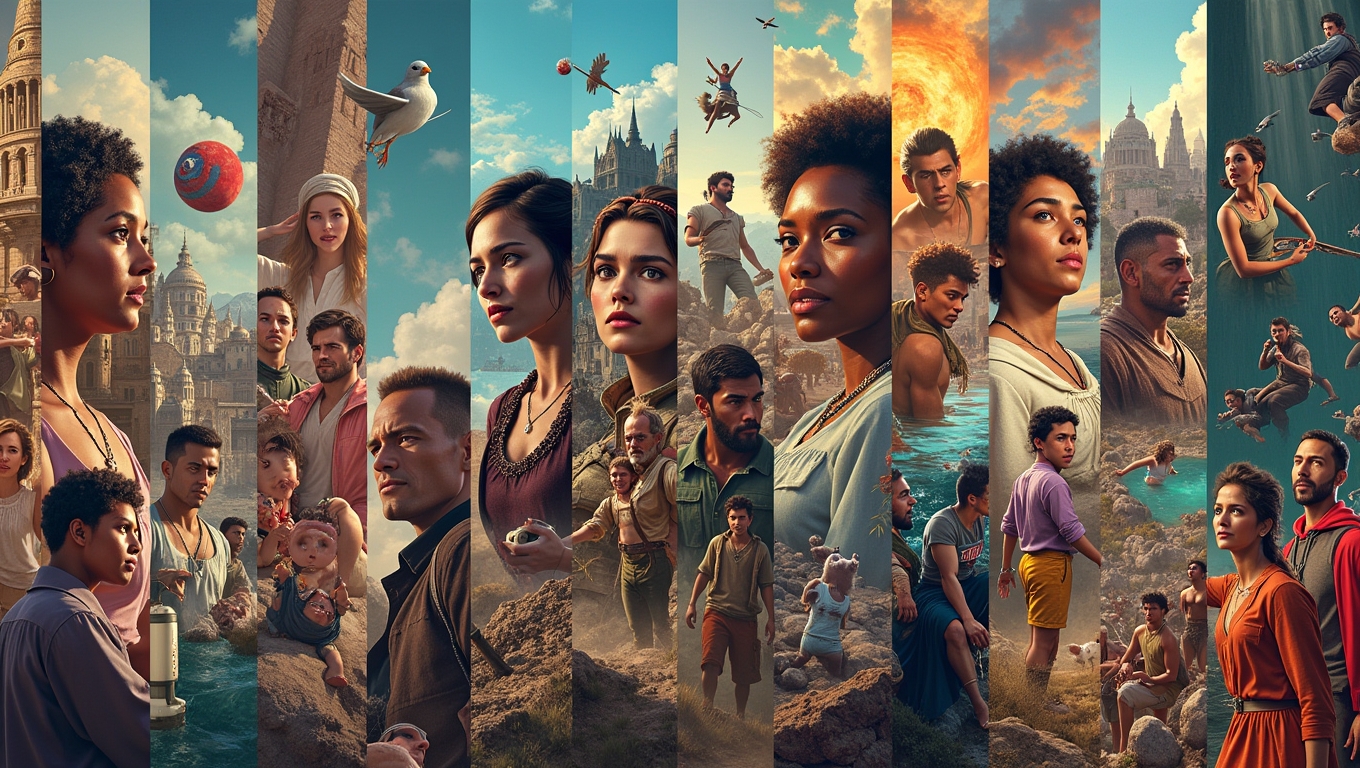 A collage of various video game scenes depicting diverse characters and themes.