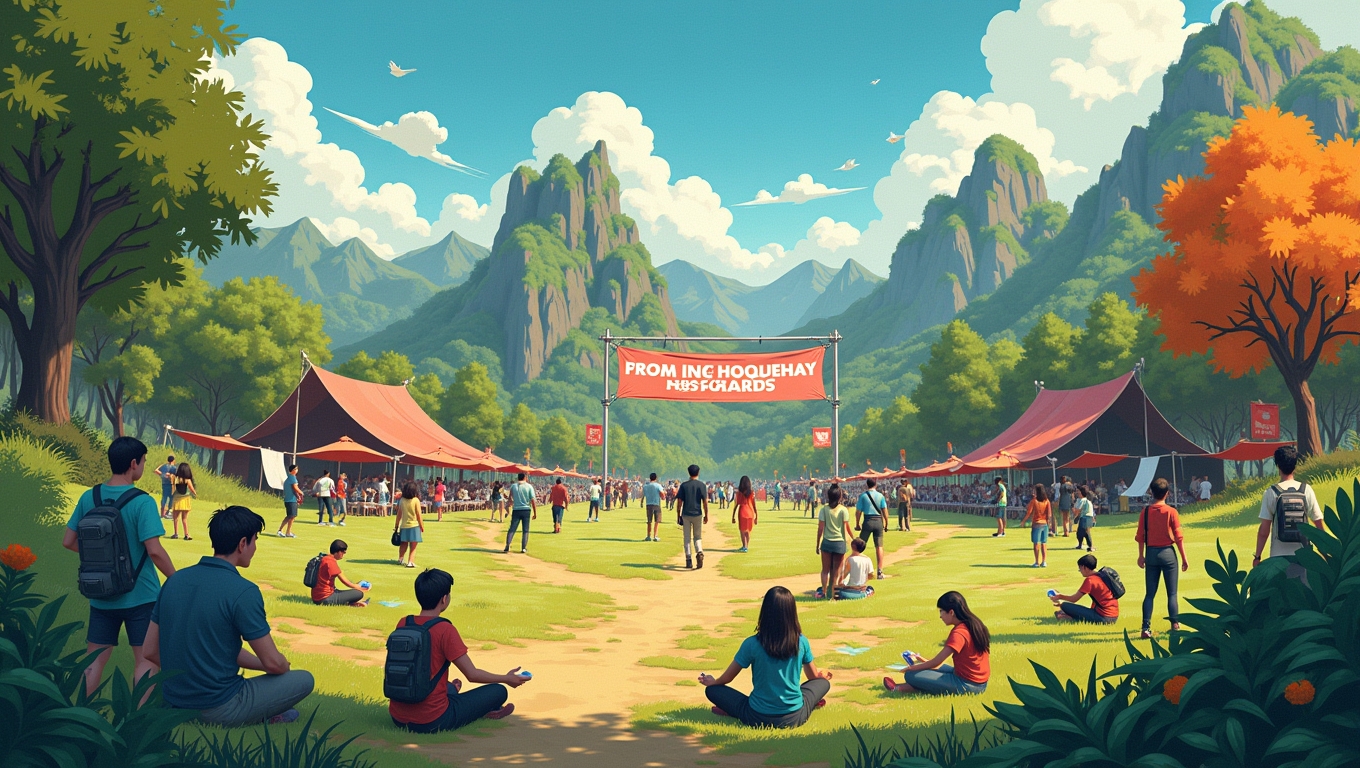 A scene depicting a gaming community event dedicated to environmental activism.