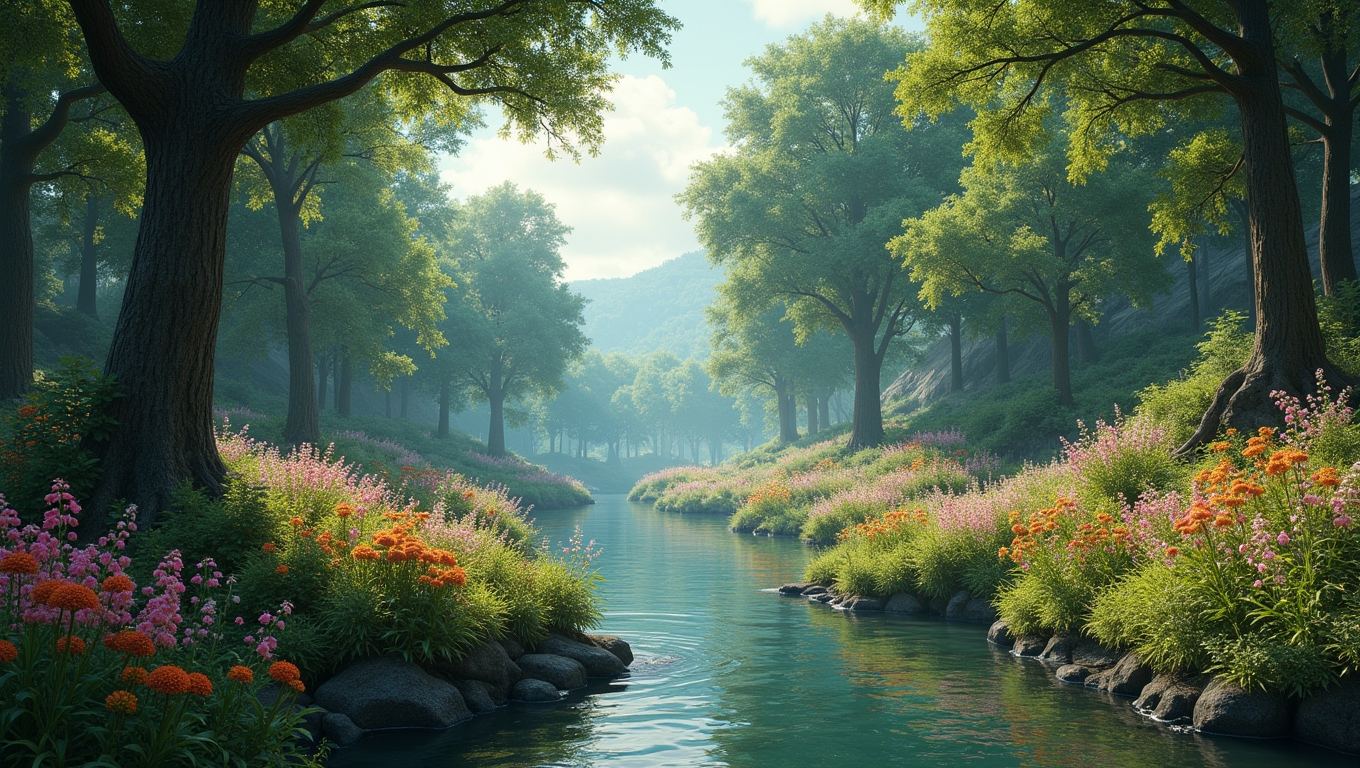 A lush forest scene with vibrant colors, depicting nature as a character in a video game.