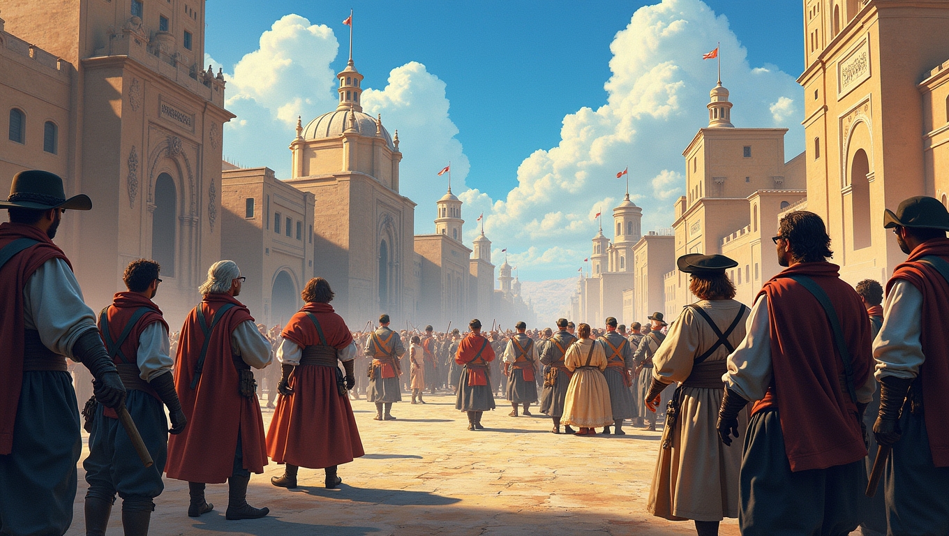Illustration depicting a historical scene being played as a video game.
