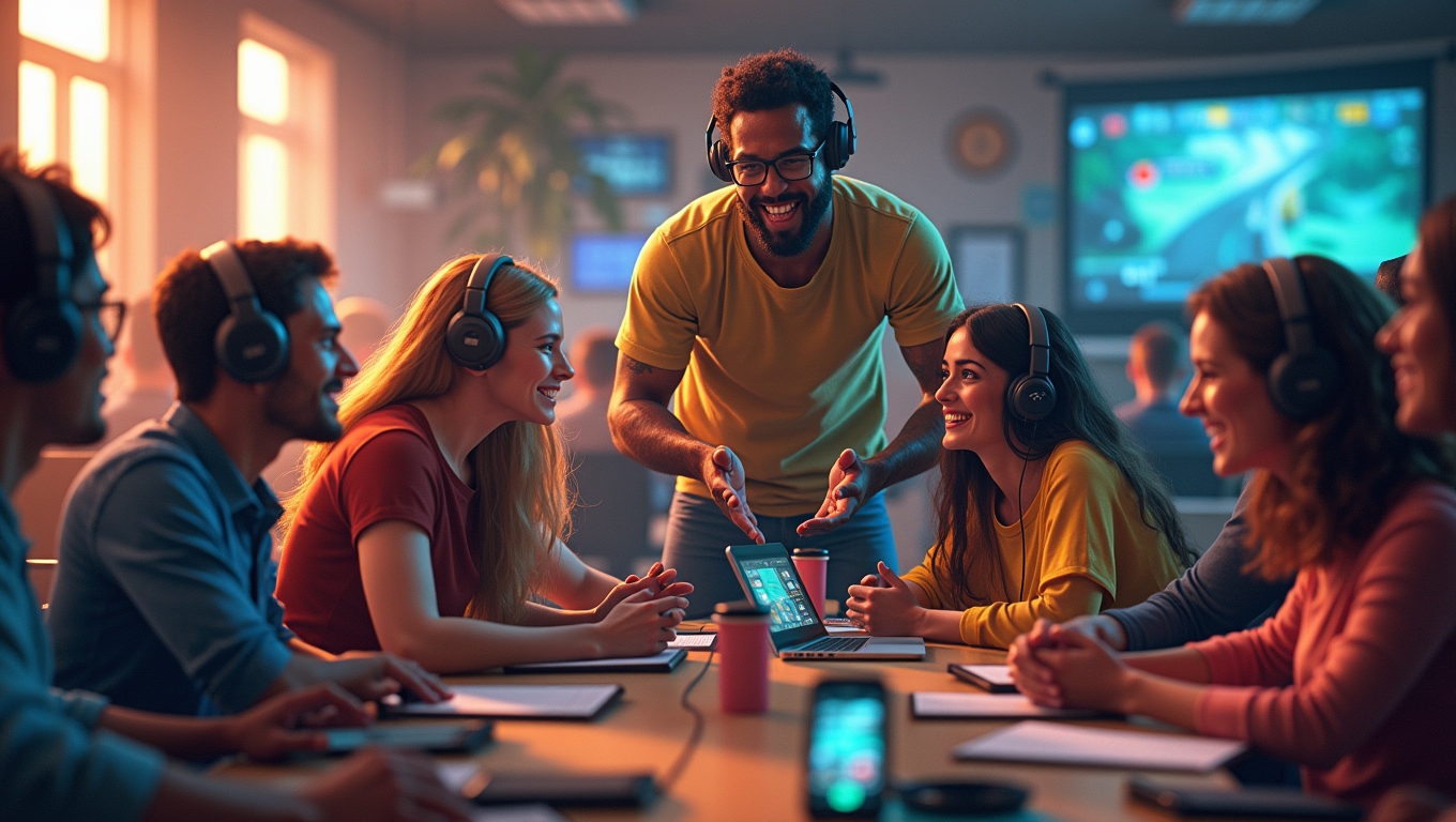 An illustration showing diverse gamers collaborating in a multiplayer game.