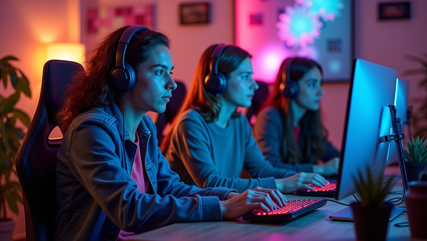 A diverse group of gamers collaborating online.