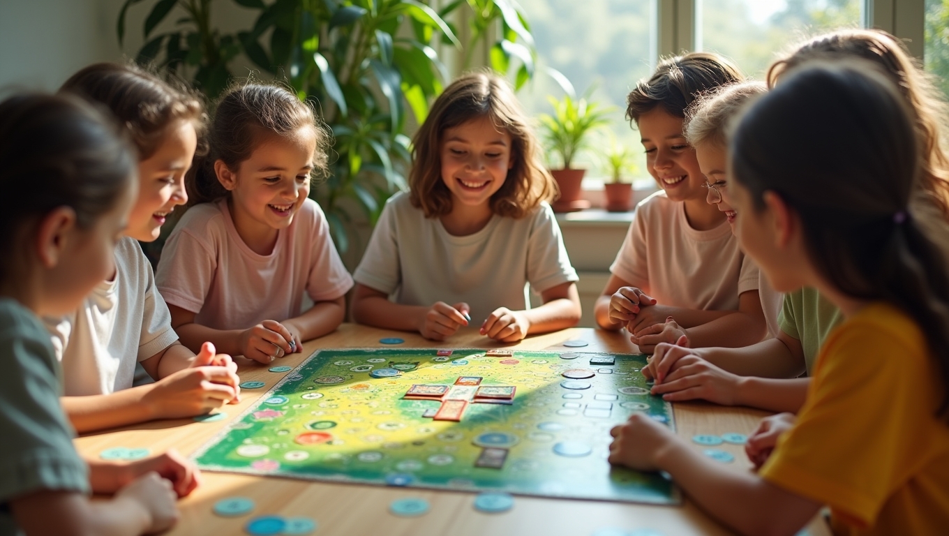 A group of diverse people playing a board game focused on environmental themes.