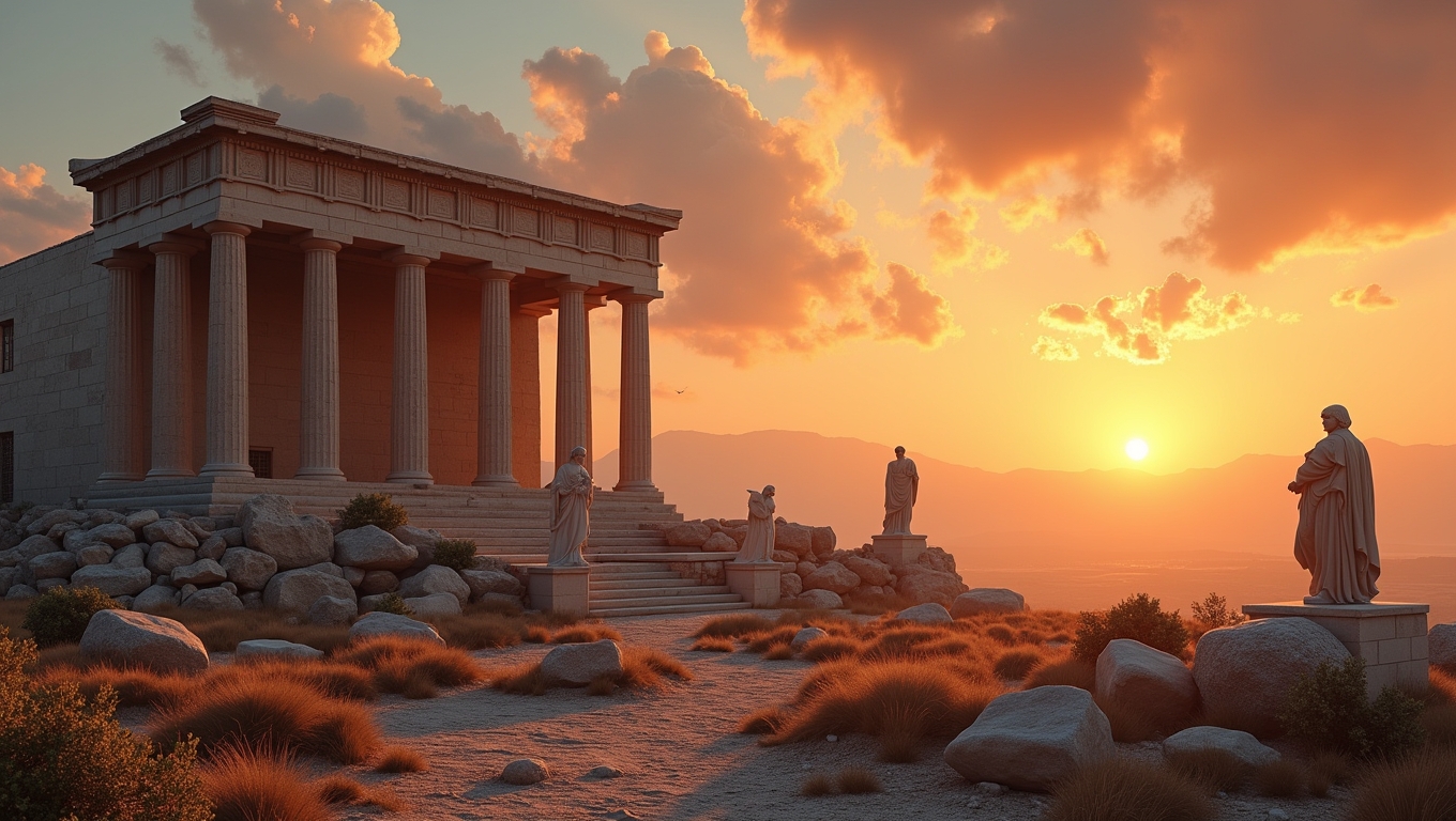 A stunning landscape of ancient ruins inspired by Greek mythology.