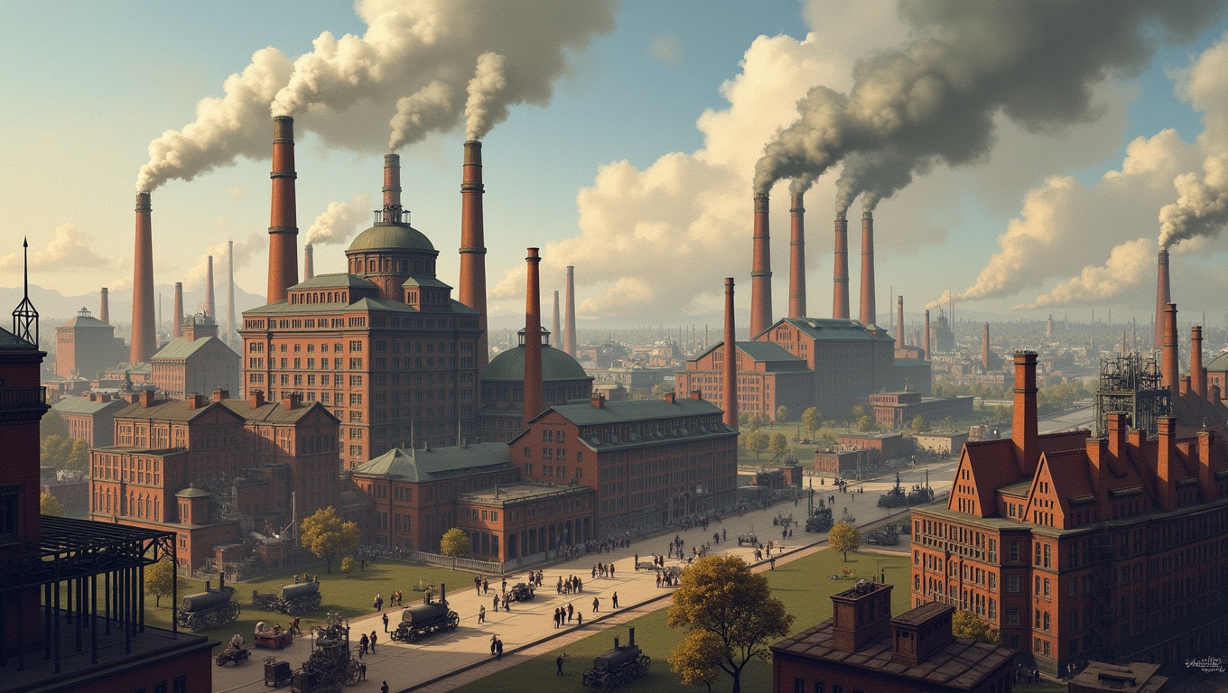 Industrial Revolution scene with factories and machinery.